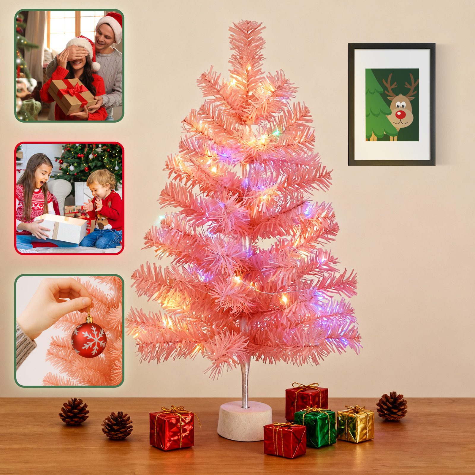 Nettlife Künstlicher Weihnachtsbaum Klein 60cm Rosa Christsbaum Tannenbaum PVC Schmuck Ständer Weihnachten, 30×30×60 cm,Leichte Transportverpackung (nur 0,65 kg pro Karton)