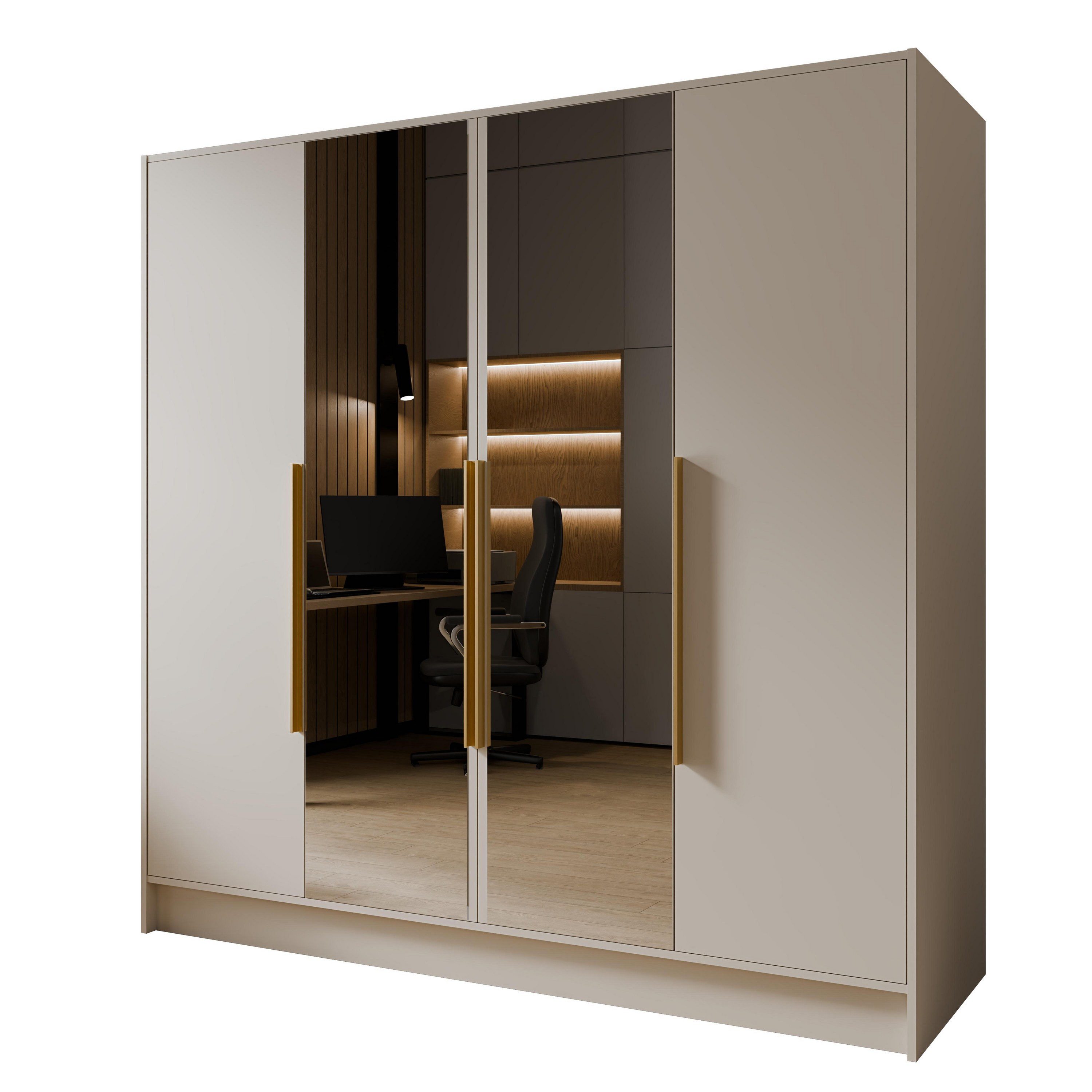 Masseno Drehtürenschrank RENVO 200 cm Kleiderschrank mit Spiegel 4 Türen Kaschmir