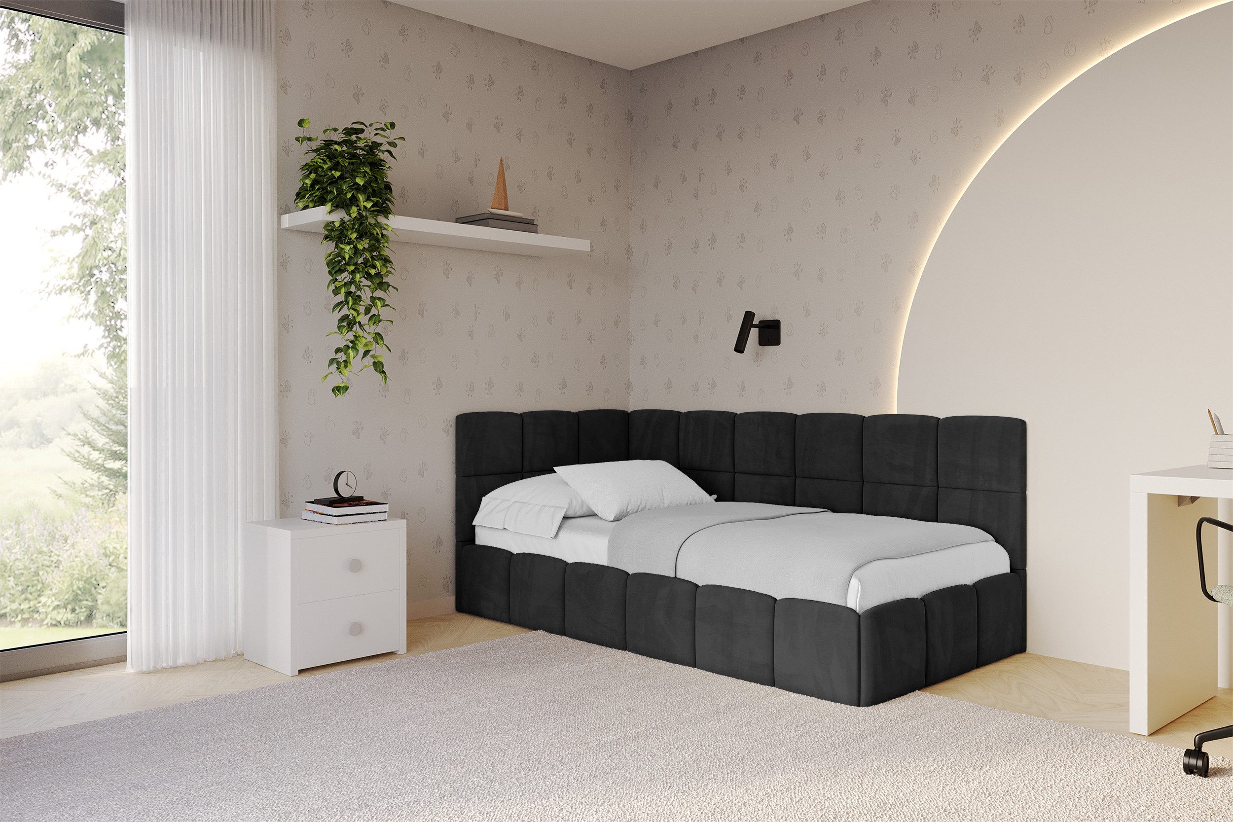 ALTDECOR Jugendbett LIVY (Jugendbett mit Bettkasten und Lattenrost, Polsterbett ohne Matratze), Einzelbett mit Stauraum, Bett mit Kopfteil