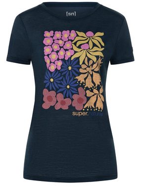 SUPER.NATURAL T-Shirt für Damen, Merino MAT IS Blumen Motiv, Reise, bunt