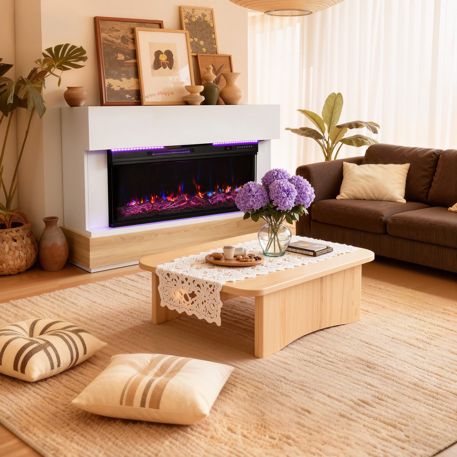 HOMAVO Elektrokamin mit Schrank, 36", 1000/2000W Heizung, 3D-Flammeneffekt, Schrankgröße: 117 x 20 x 95,5 cm, LED-Leiste, Fernbedienung
