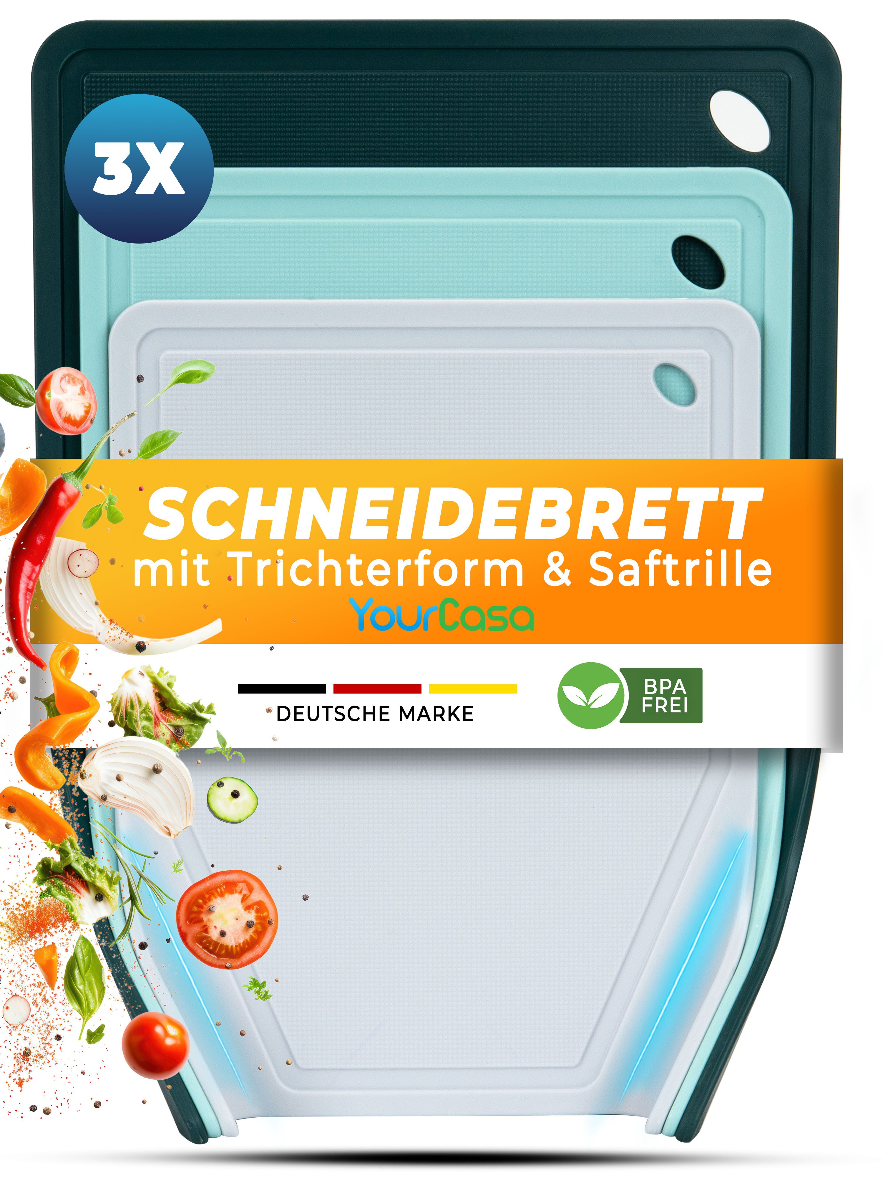 YourCasa Schneidebrett 3er Set - Trichterform & Saftrille - Rutschfest Spülmaschinenfest, (Set, 3 Schneidebretter, 25x34 cm, 22x29 cm, 20x25 cm), Saftrille, BPA frei, Trichterform