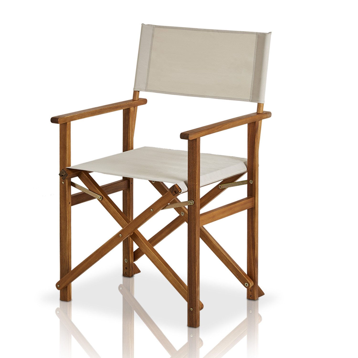 KHG Regiestuhl Balkonstuhl aus echtem Akazienholz geölt (Regiestuhl mit Armlehnen 100% Polyesterbezug in Creme)