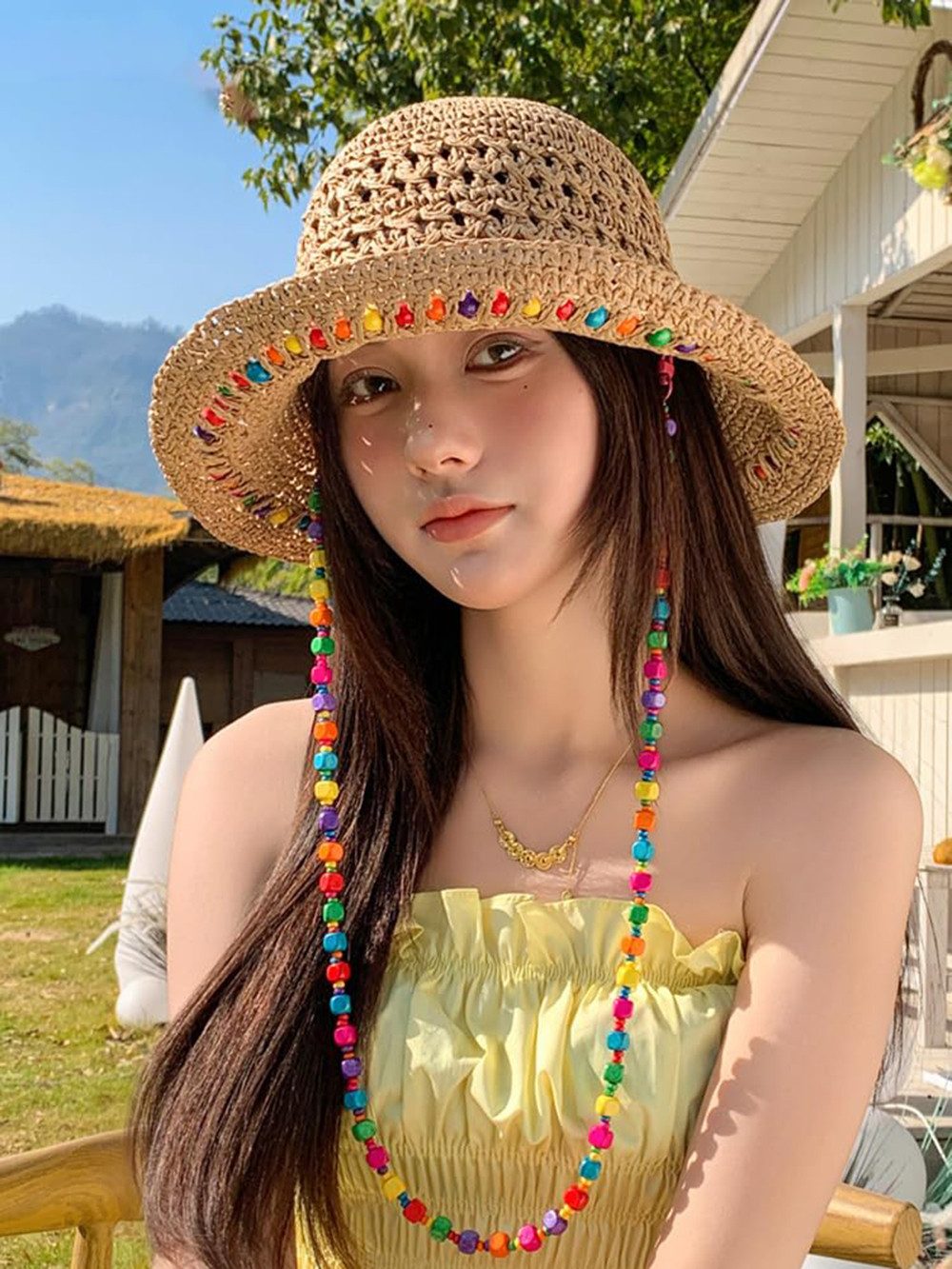 Zaewry Strohhut Sonnenhut Sommerhut Strandhut Straw hat, Damen faltbar, Einheitgröße Verziert mit bunten Holzperlen – Bohemian-Stil, UV-Schutz