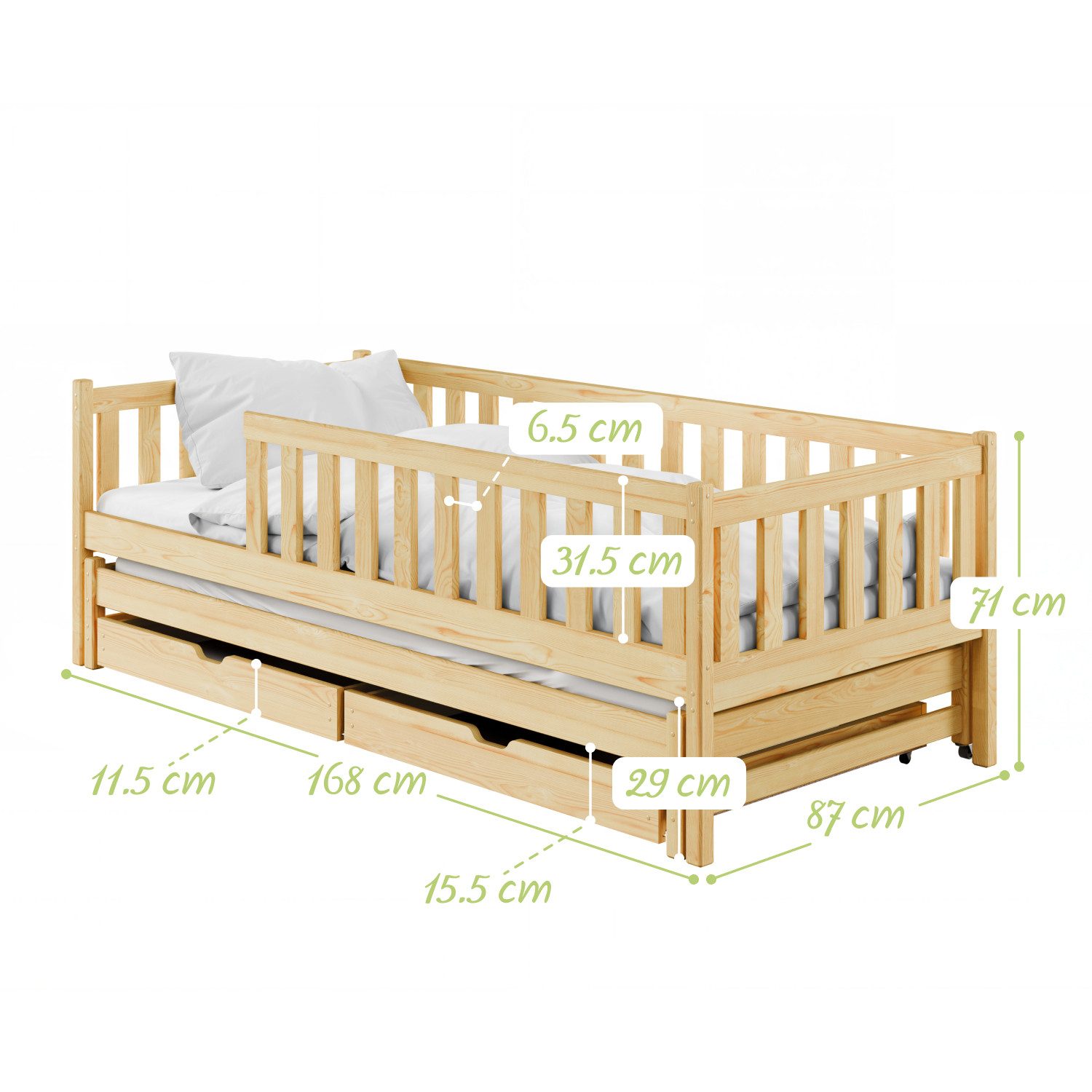 Kids Collective Kinderbett mit Rausfallschutz, Lattenrost und optionaler Matratze, Kinder Bett (mit Ausziehbett und zwei Schubladen), 80x160 cm: von 3. bis 10. Lebensjahr, natur