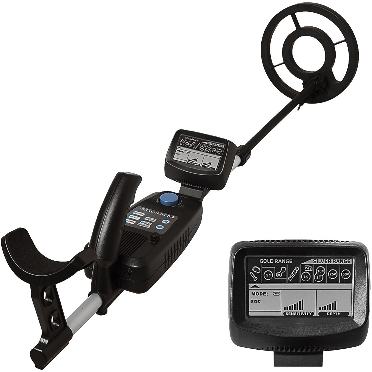 Casativo Metalldetektor Wasserdicht Metalldetektor LCD-Display Pinpointing&Tiefensuche, Spule Ø21,5 cm, Suchtiefe bis 25 cm, ausziehbare Teleskopstange