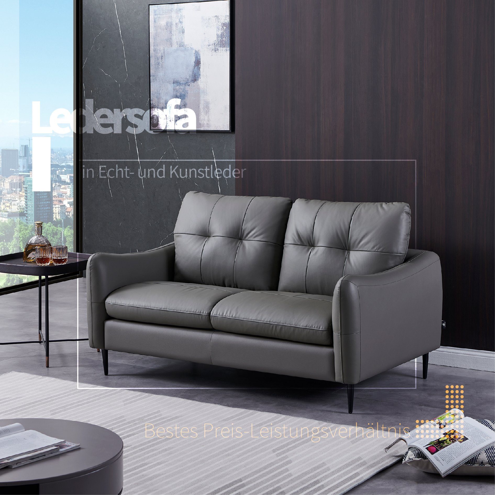 V6 Sofa Ledersofas S119, edel & elegant Design, Bestes Preis-Leistungsverhältnis Echtleder im Komfortbereich, abnehmbare Kissen, Metallfüße, Montage in einer Minute, schnelle Lieferung auf Lager, möglich für Unternehmenskauf Grau