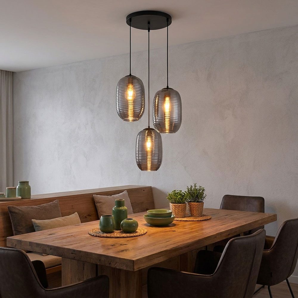 GLOBO LIGHTING LED-Hängeleuchte, Leuchtmittel inklusive, Warmweiß, LED Hängeleuchte Glas grau Rauchoptik Rauchglas 3-flammig E27 H 120 cm