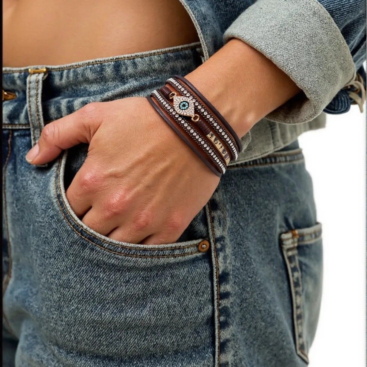 THE FASHION HOUSE Lederarmband Damen Braun mit Strass & Auge-Anhänger – Mag günstig online kaufen