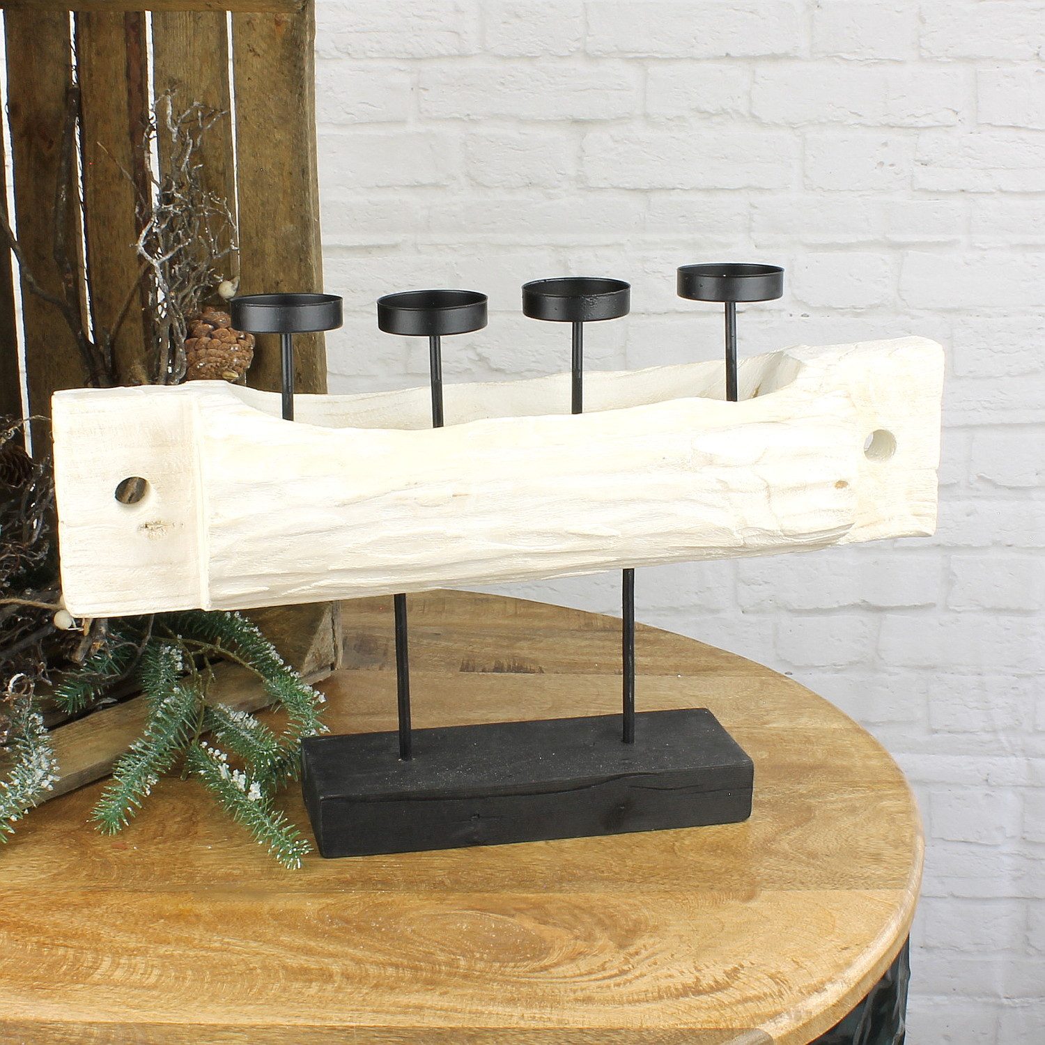 Macosa Home Adventskranz Advents-Kerzenständer aus massivem Holz 51 cm mit 4 Kerzen-Haltern, Metall Advents-Deko Tischdeko Design