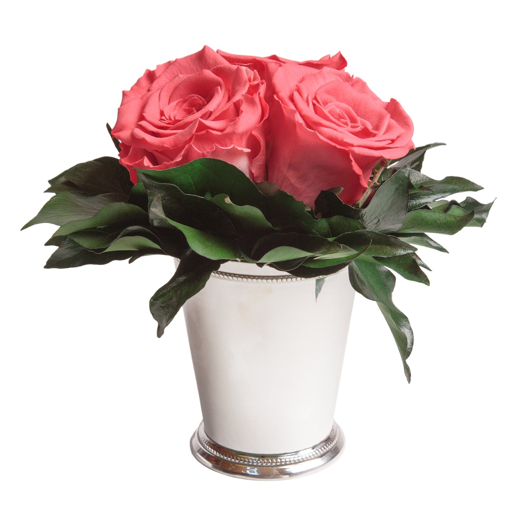 Kunstorchidee 3 Infinity Rosen silberfarbene Vase Wohnzimmer Deko Blumenstrauß Rose, ROSEMARIE SCHULZ Heidelberg, Höhe 15 cm, Rose haltbar bis zu 3 Jahre Korall