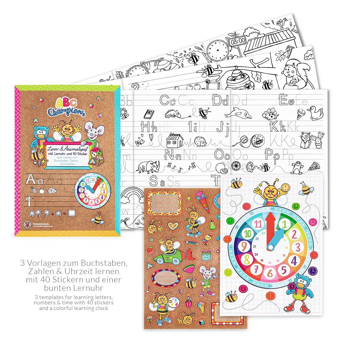 LK Trend & Style Lernspielzeug Lern- & Ausmalspaß Heft (mit 40 Stickern und einer bunten Lernuhr, 1-St., Urlaub Reise Schlechtwettertage Unterwegs), Vorlagen zum Buchstaben Zahlen & Uhrzeit lernen