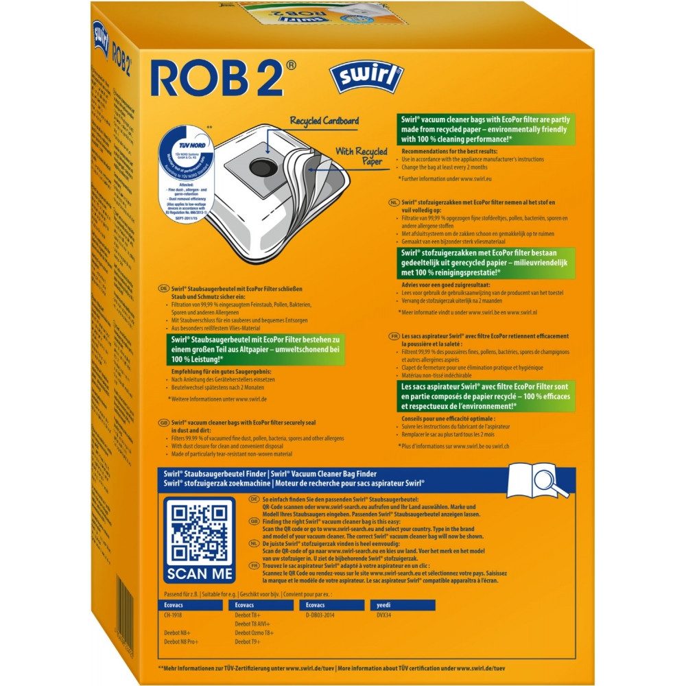 Swirl Staubsaugerbeutel Swirl ROB 2 EcoPor Staubsaugerbeutel für Saugroboter., passend für Ecovacs, 99,99% Filtration von Feinstaub