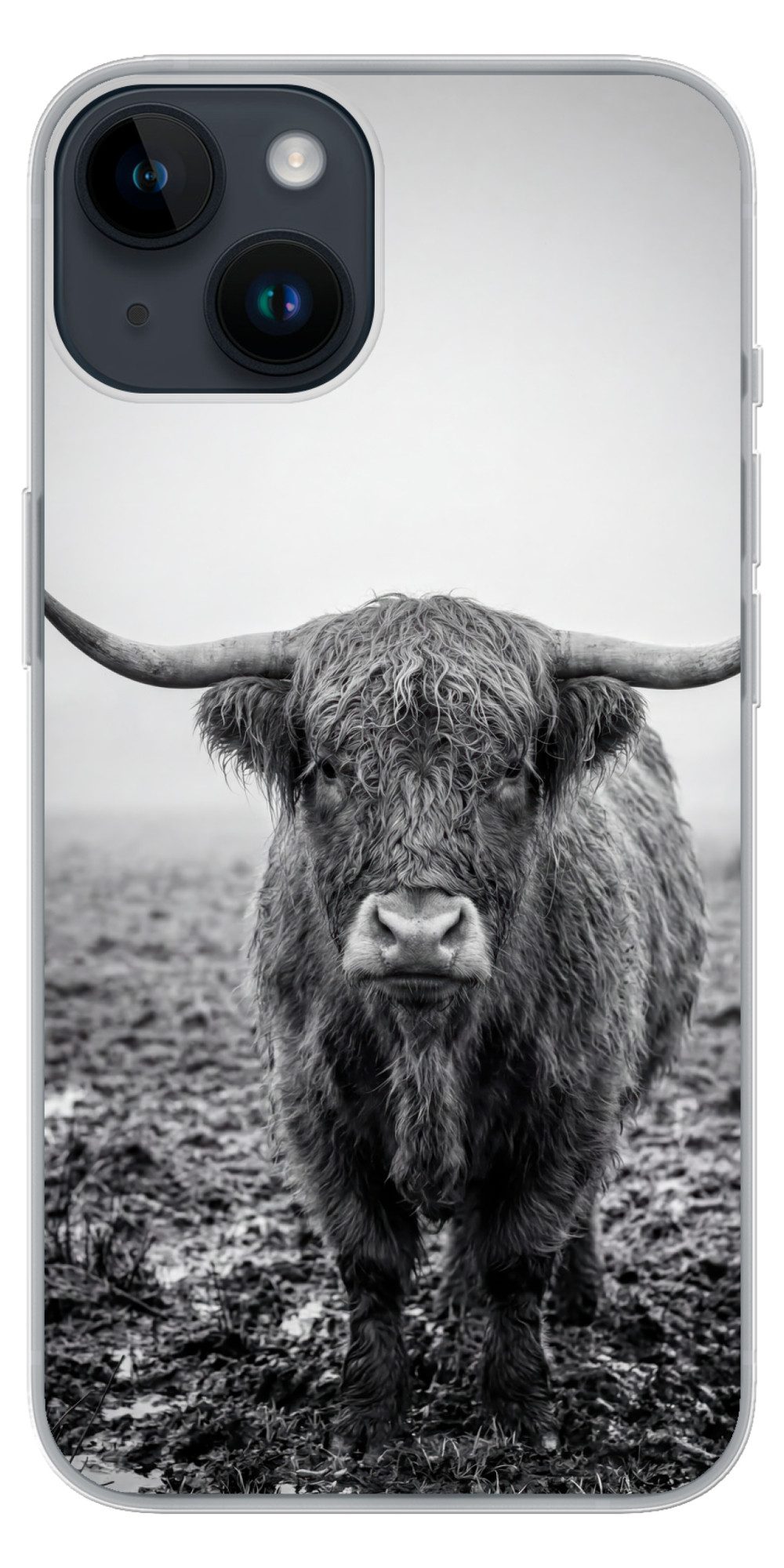 MuchoWow Handyhülle für Apple iPhone 14 Schottischer Highlander - Schwarz - Weiß - Gras, Smartphone-Bumper, Print, Handy Schutzhülle Dünn