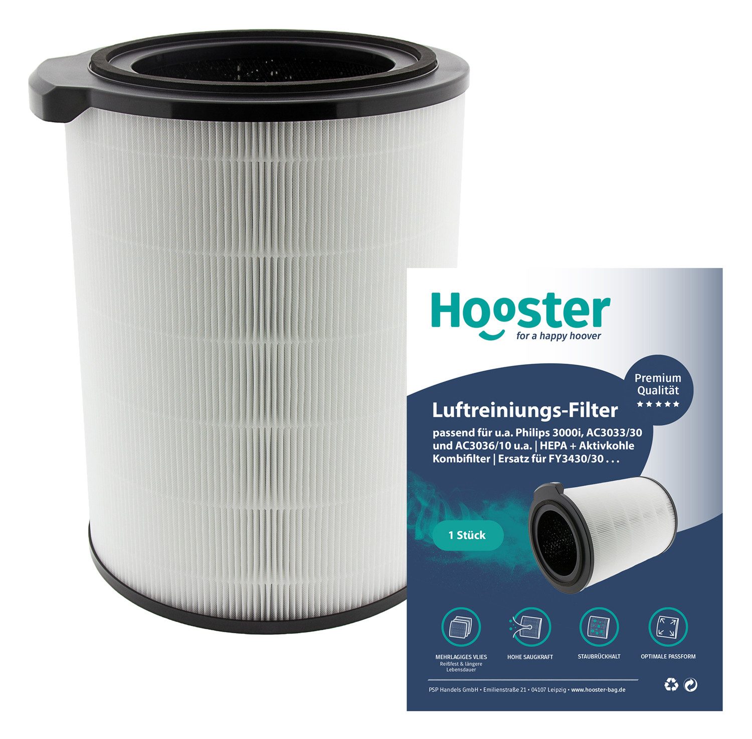 Hooster Luftfilter 1 Filter passend für Philips 3000i Luftreiniger AC3033/30, AC3036/10 u.a., HEPA + Aktivkohle Kombifilter