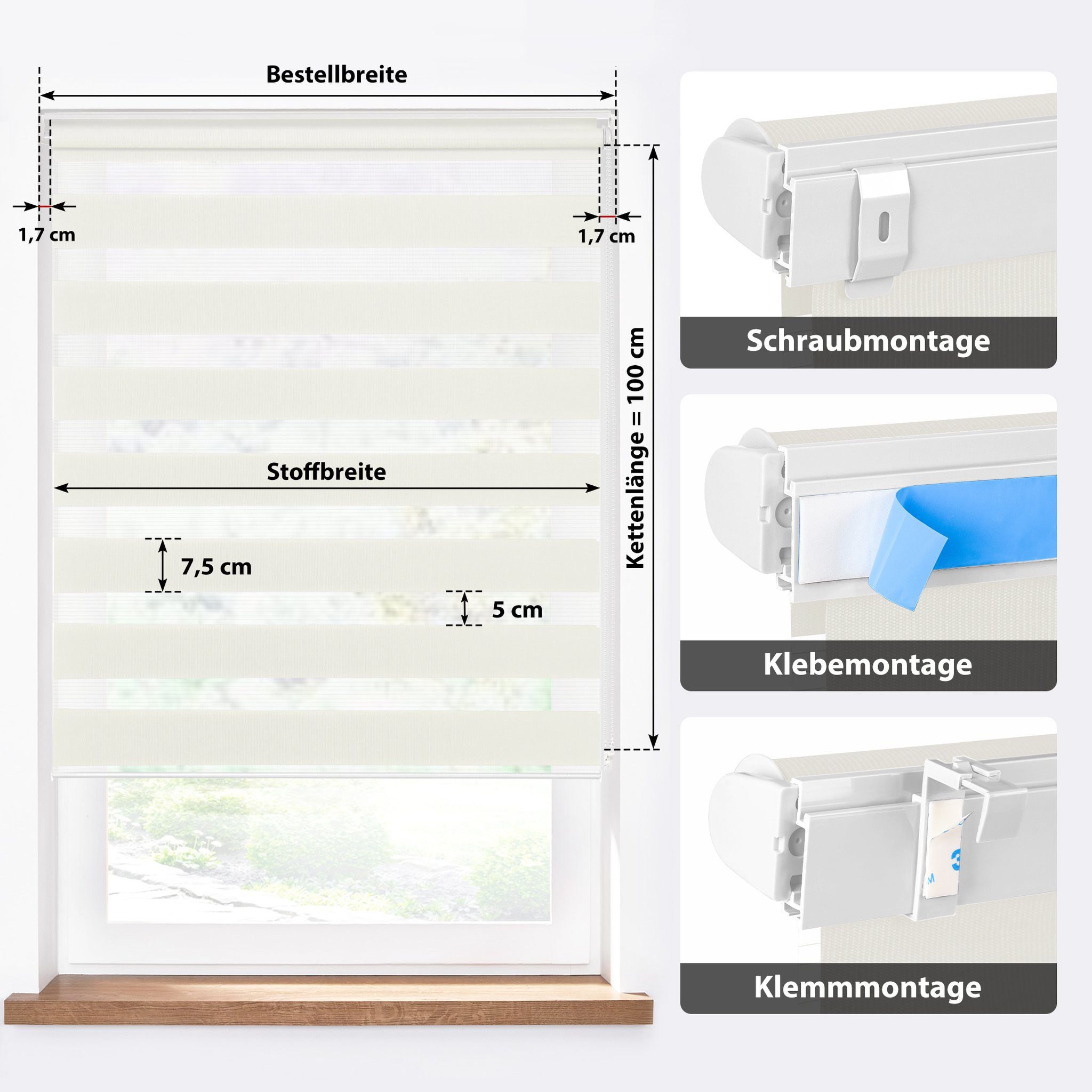 Doppelrollo 30 x 130 cm, creme [Stoffbreite 26,6 cm], jalousiescout, blickdicht, mit Bohren/ohne Bohren, freihängend, Klemmen, Kleben und Schrauben OHNE Aufpreis, Lichtdurchlässig, Klemmträger, Feuchtraumgeeignet