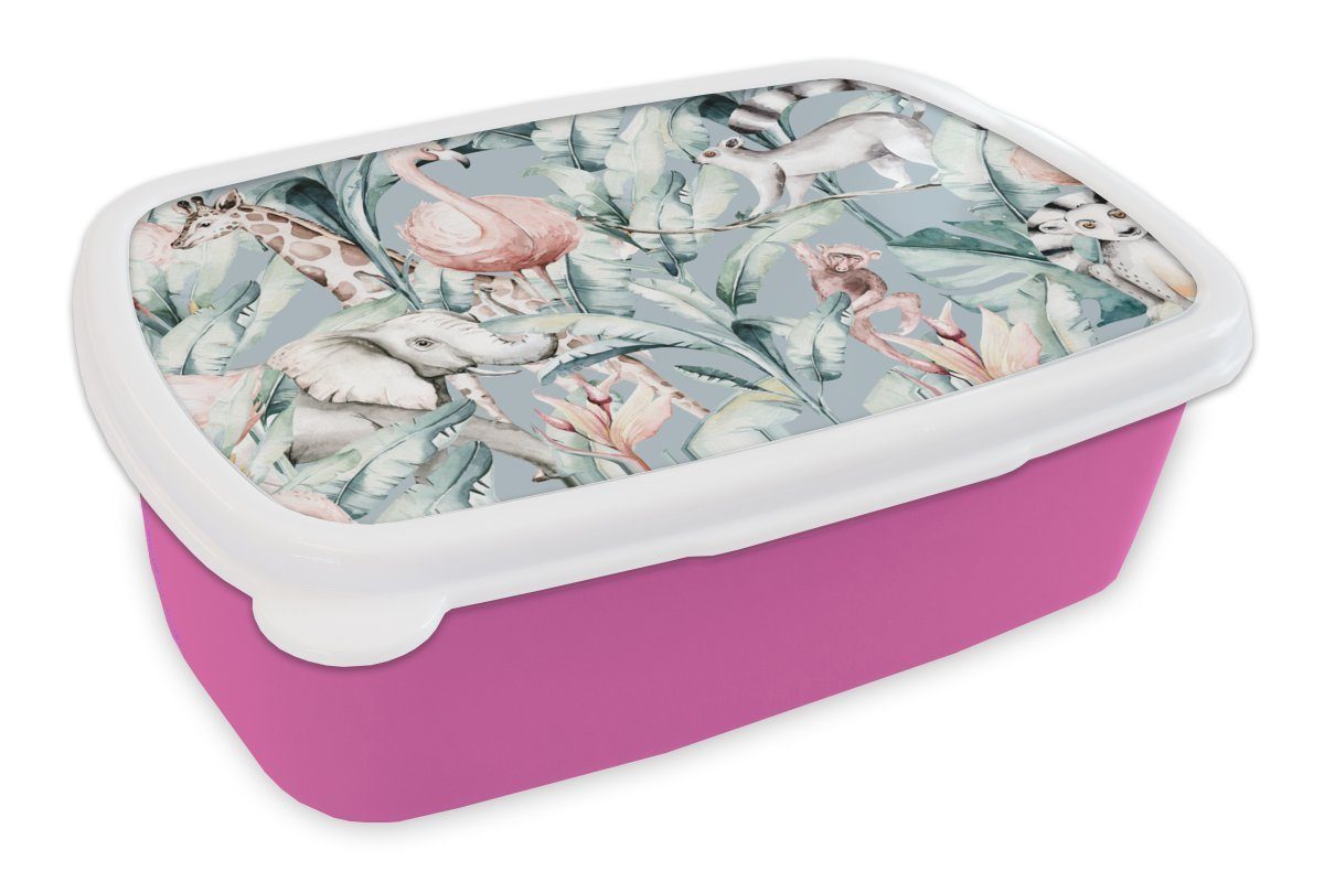 MuchoWow Lunchbox Aquarelle - Tiere - Dschungel - Farben - Jungen - Blau - Kinder - Kind, Kunststoff, (2-tlg), Brotbox für Erwachsene, Brotdose Kinder, Snackbox, Mädchen, Kunststoff rosa