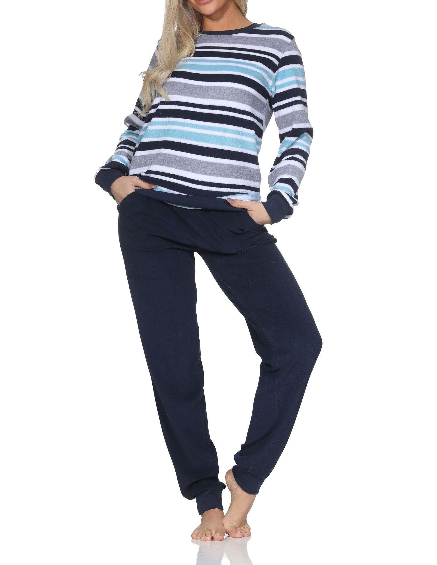 Normann Pyjama Damen Frottee Schlafanzug mit Bündchen in elegantem Streifendesign