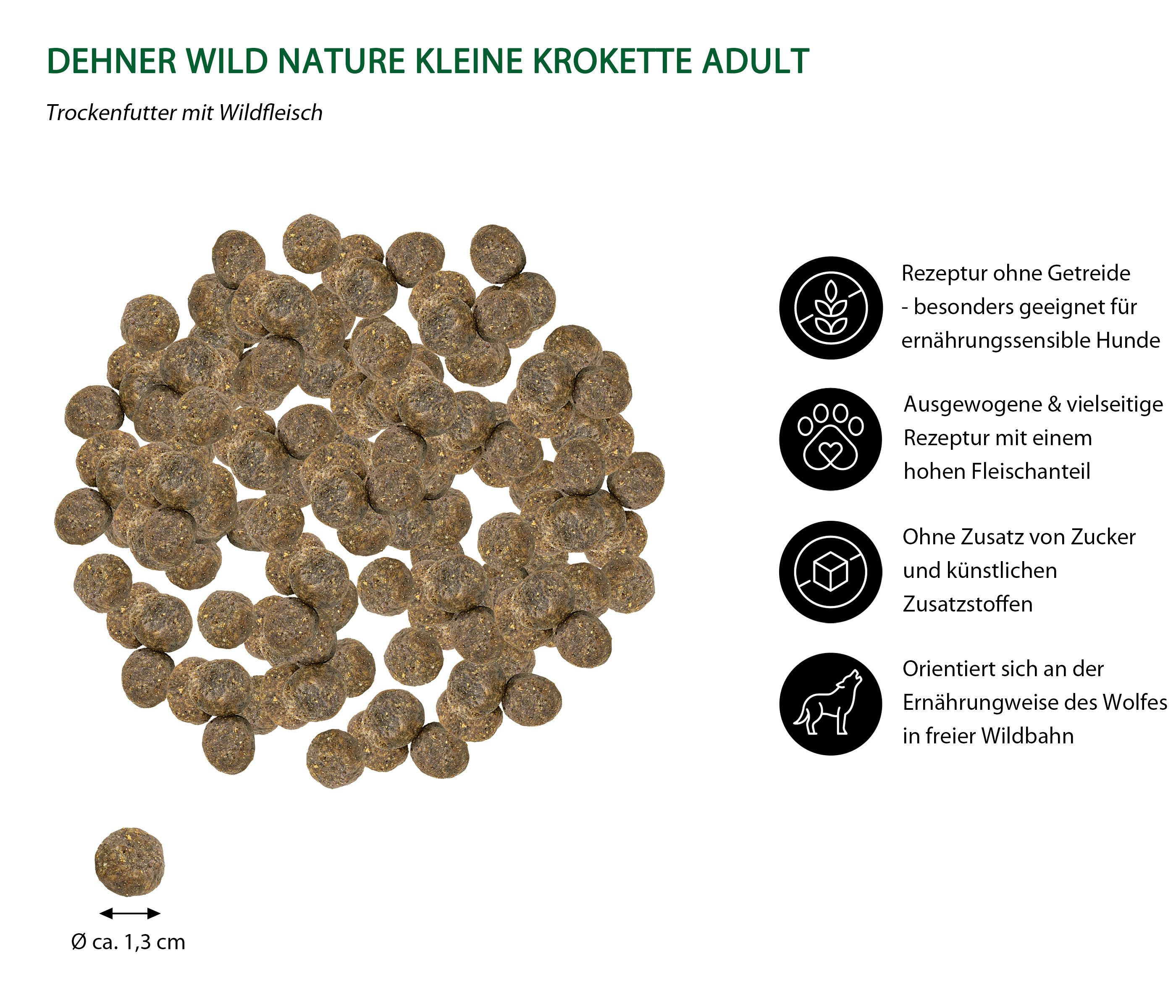 Dehner Wild Nature Hundefutter Auwald, Kroketten Wild, Trockenfutter für: Hunde, getreidefreies und zuckerfreies Trockenfutter für ausgewachsene Hunde