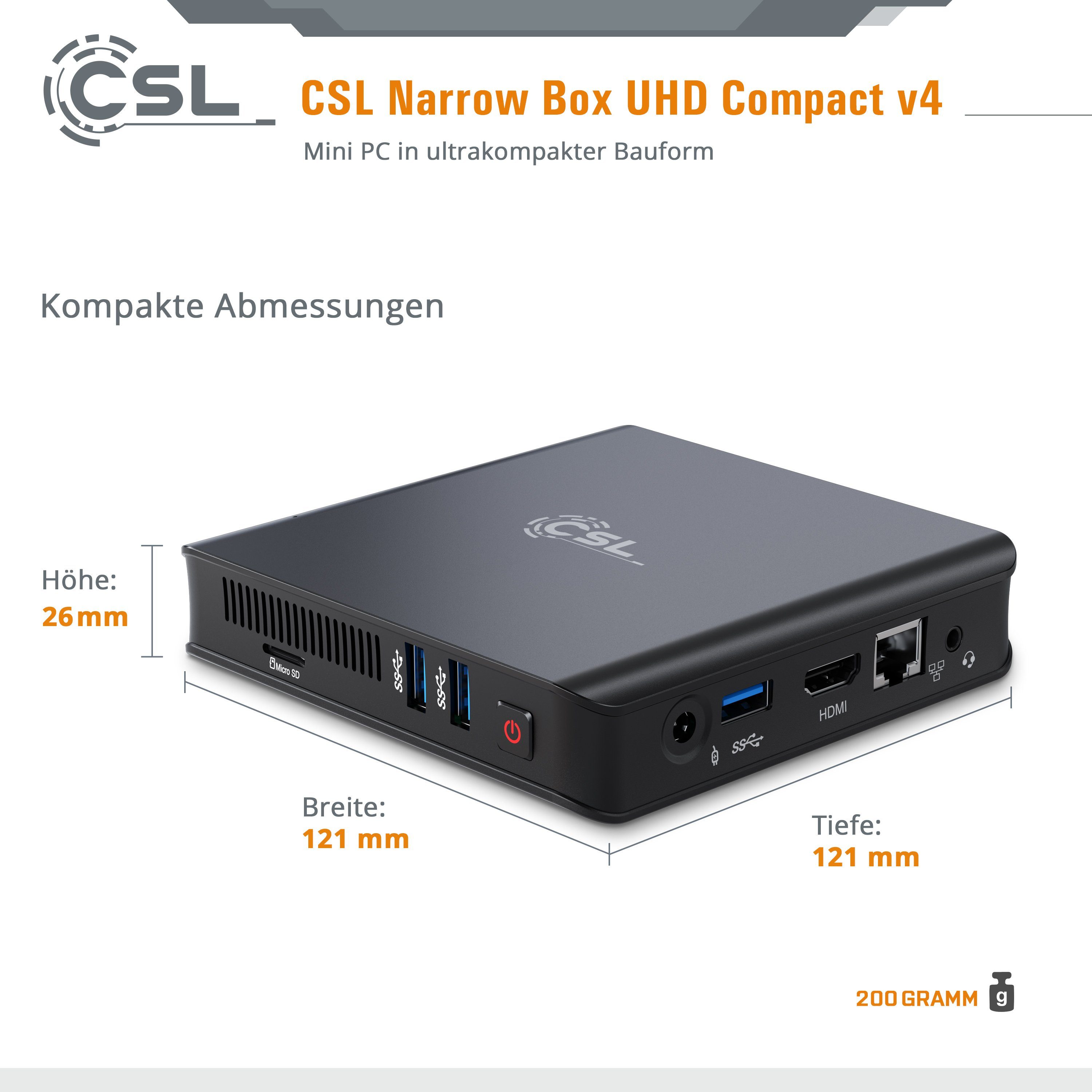 CSL Narro Box Ultra HD Compact v4 / 1000 GB / Win 11 Home Mini-PC (Intel® Celeron N4120, Intel HD Graphics 600, 4 GB RAM, 1000 GB SSD, passiver CPU-Kühler, 2m HDMI Kabel)