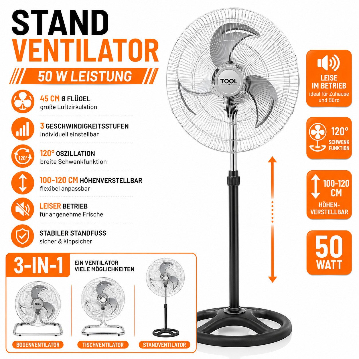 Ertex Standventilator Standventilator 3 in 1 Luftkühler45W Leise 45 cm Ventilator