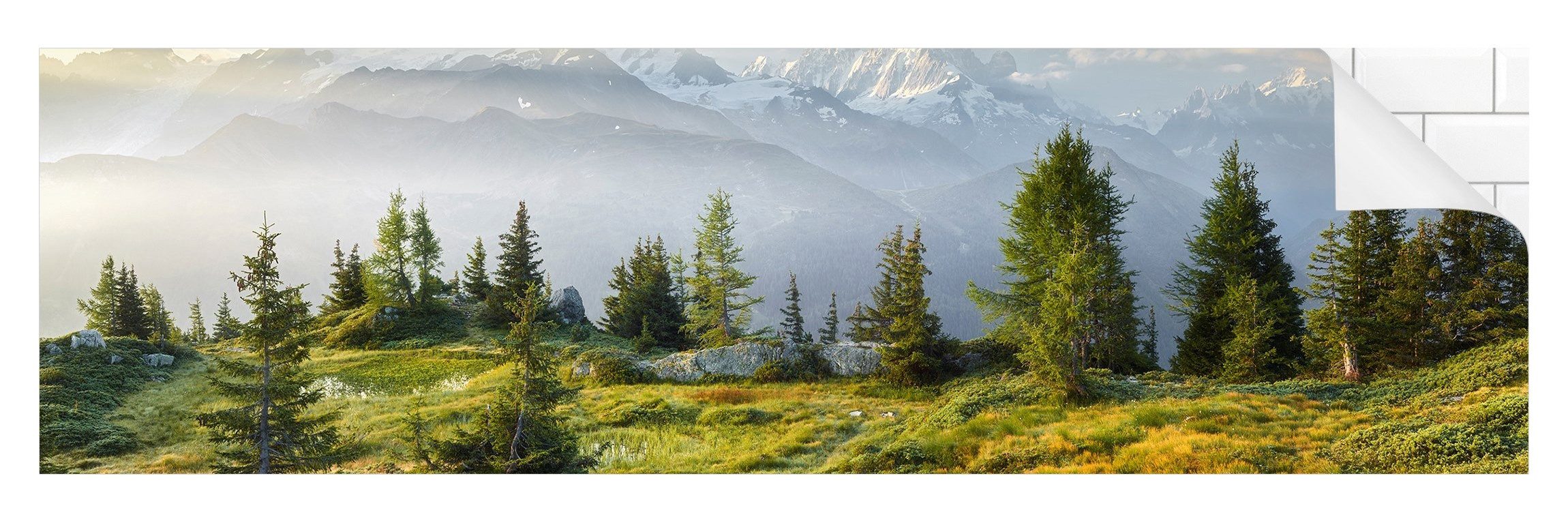 Bilderdepot24 Küchenrückwand grün dekor Wald Natur Émosson Wallis Schweiz Wandverkleidung Küche, (1-tlg., Nischenrückwand - für Fliesenspiegel ohne Bohren - matt), Spritzschutz Rückwand Küche Herd - Folie selbstklebend versch. Größen