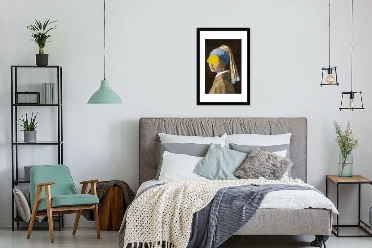 MuchoWow Poster Mädchen mit Perlenohrring Johannes Schwarzem mit - Bilderrahmen Gemälde, Kunstdruck, (1 St), Gerahmtes Poster, Vermeer Rahmen, 