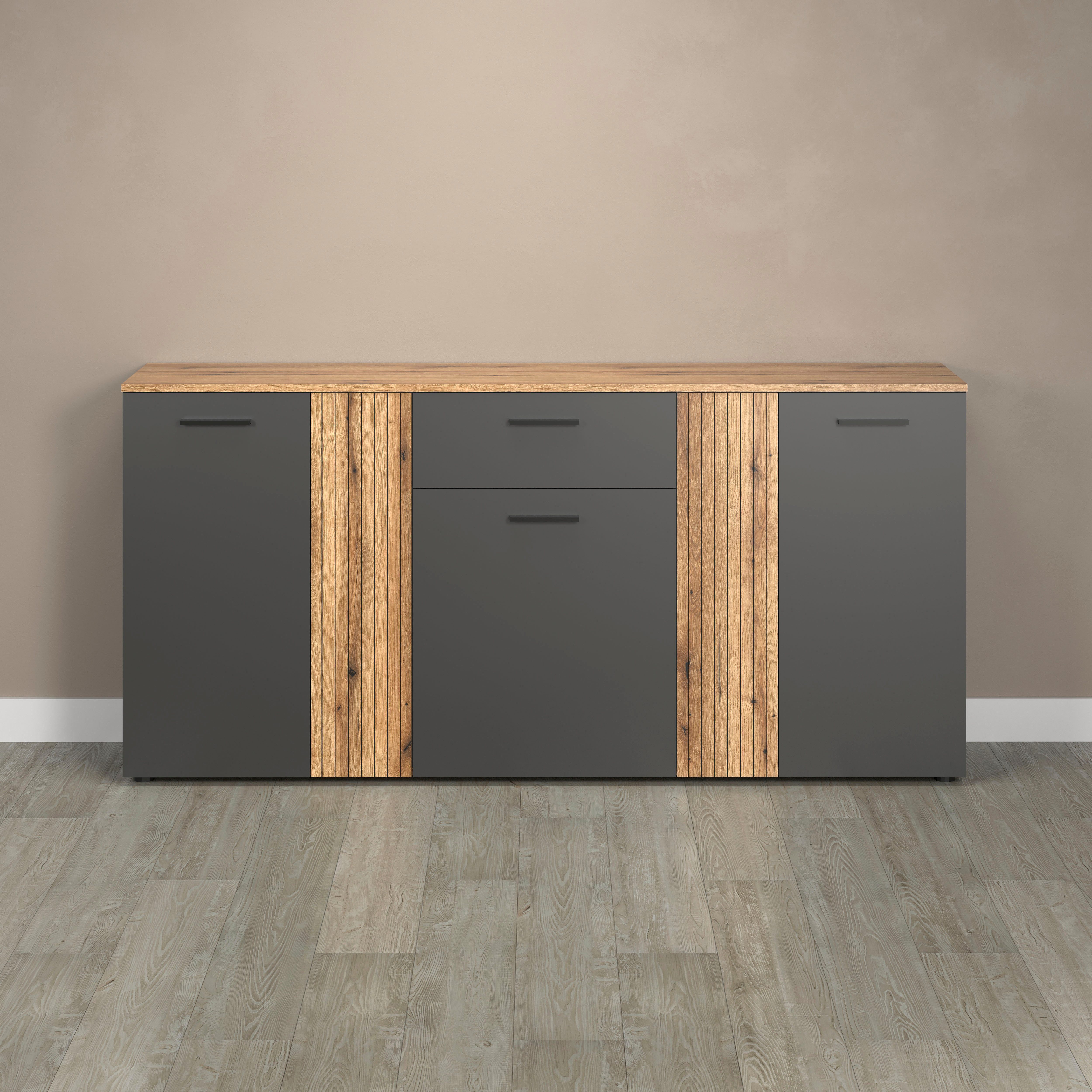 Home affaire Kommode Estepona, Sideboard mit anpassbaren Türen mit Rillen-Optik
