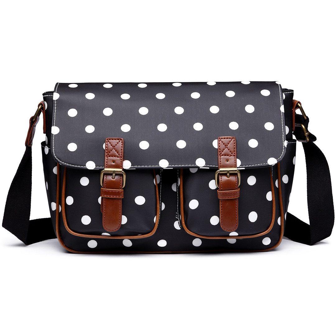 KONO Messenger Bag Große Umhängetasche aus Wachstuch (Punkte-Design) – Bild 5 von 5