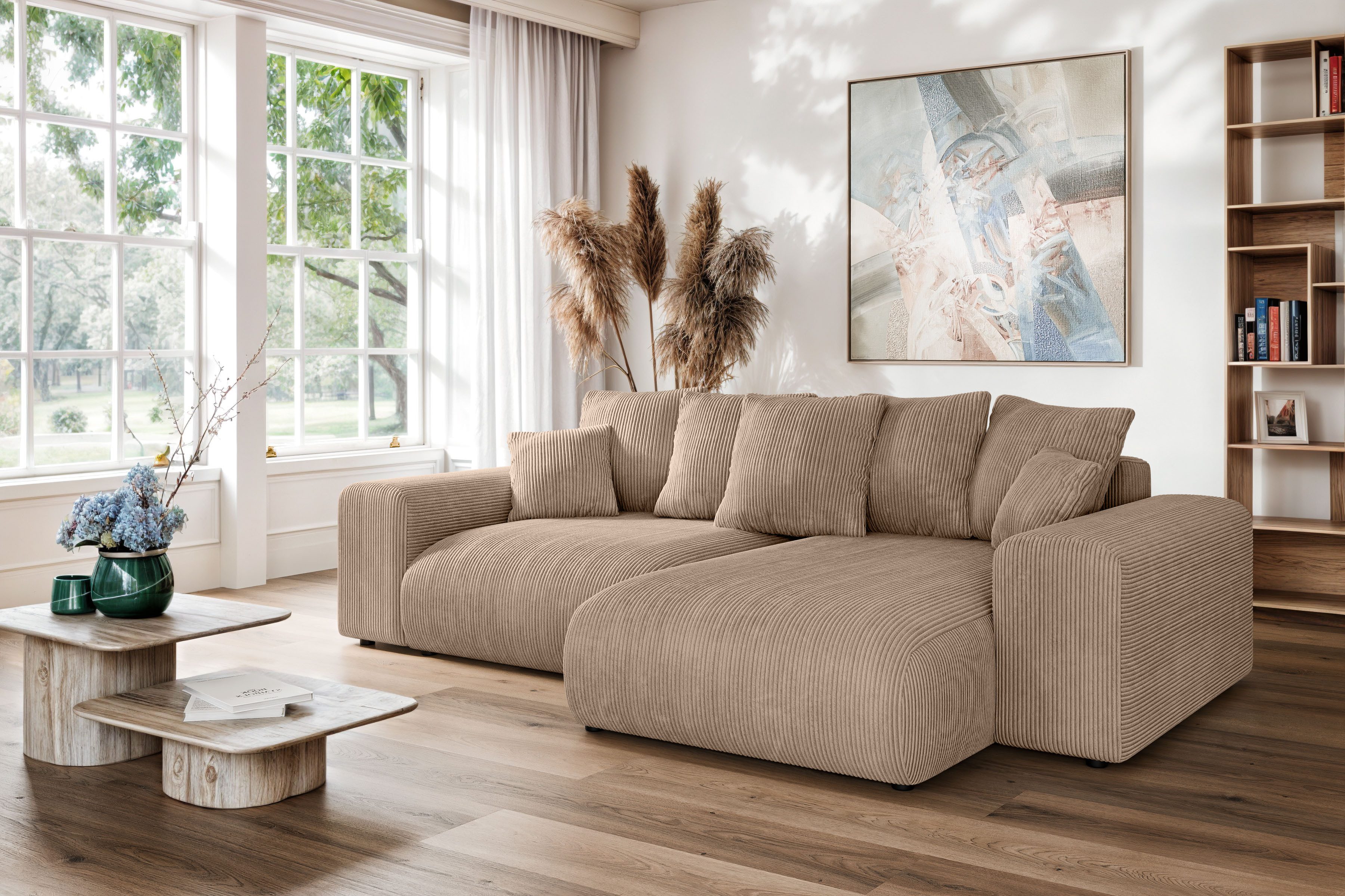 Home affaire Ecksofa LAKESIDE mit Bettfunktion und Bettkasten, B/T/H 257/166/84 cm, L-Form, Recamiere beidseitig montierbar, Wellenunterfederung