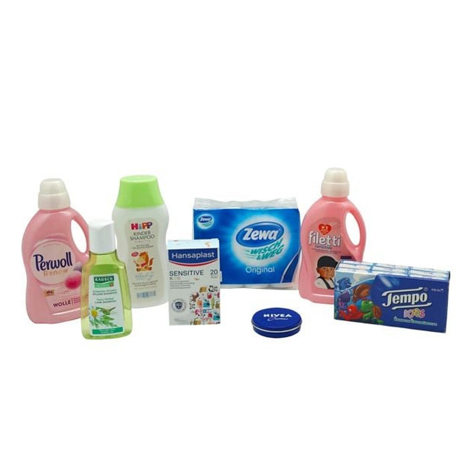 Chr. Tanner Kaufladensortiment Baby Pflege Set 8-teilig Kaufladenzubehör mit Markenminiaturen, (8-tlg), realistisches Spielzeug mit bekannten Markenminiaturen