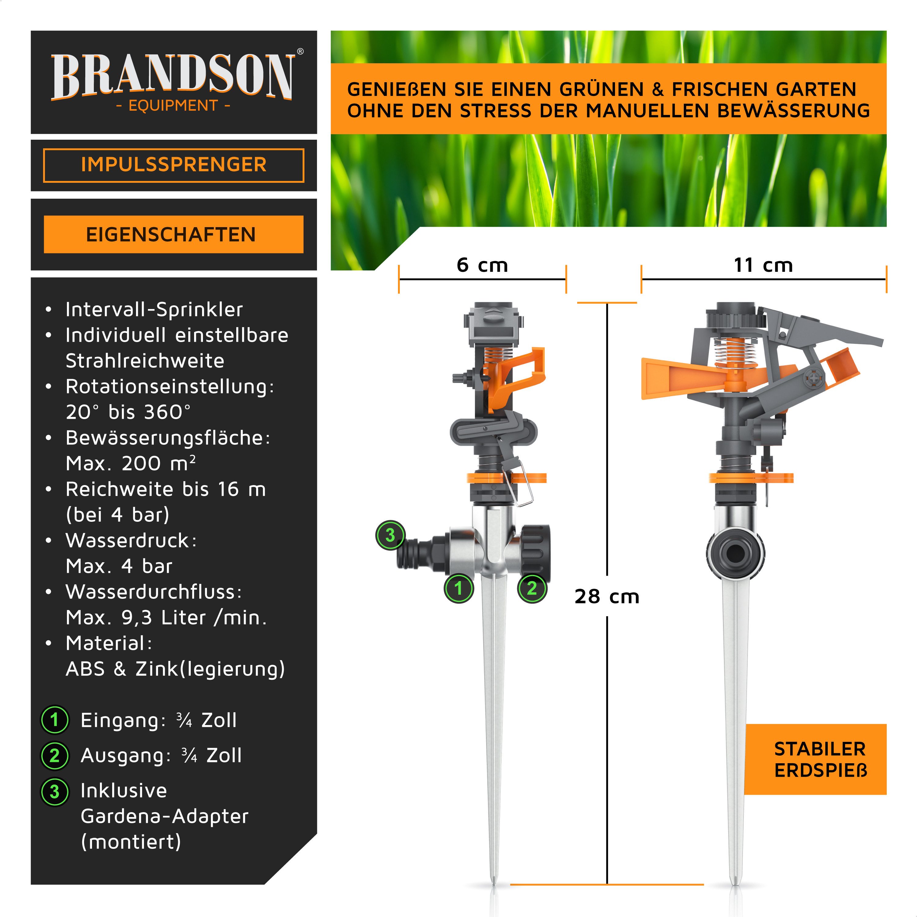 Brandson Kreisregner Intervall-Sprinkler, Rasensprenger mit Pulsation, 360° Impulsregner, für Flächen bis 200 m², (1-St), Rasensprinkler, 7m Reichweite, Gardena kompatibel