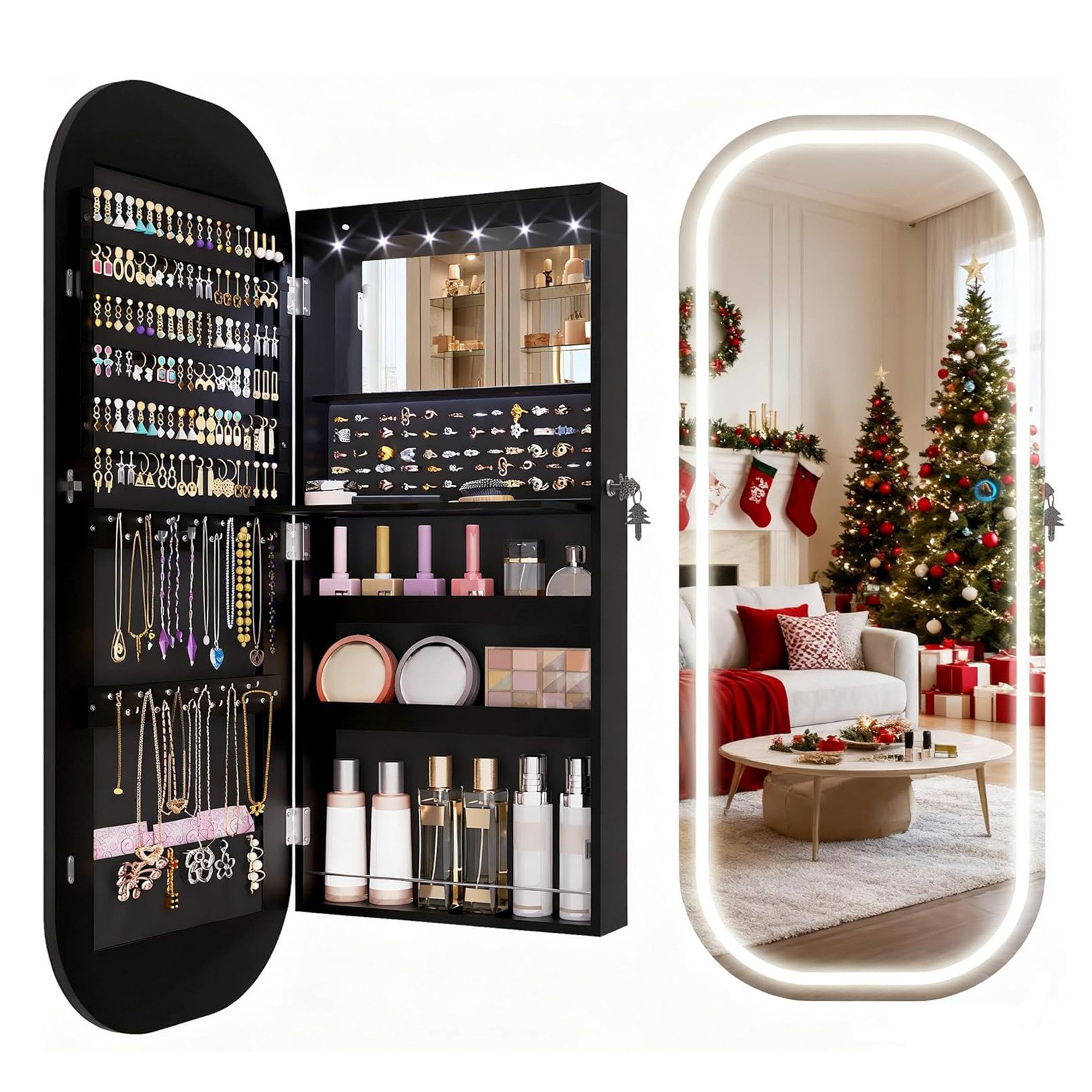 LVSOMT Schmuckschrank LED Oval Schmuckschrank mit 3 Farben Licht und Spiegel Wand- oder Türmontage, mit zwei höhenverstellbaren Türhaken