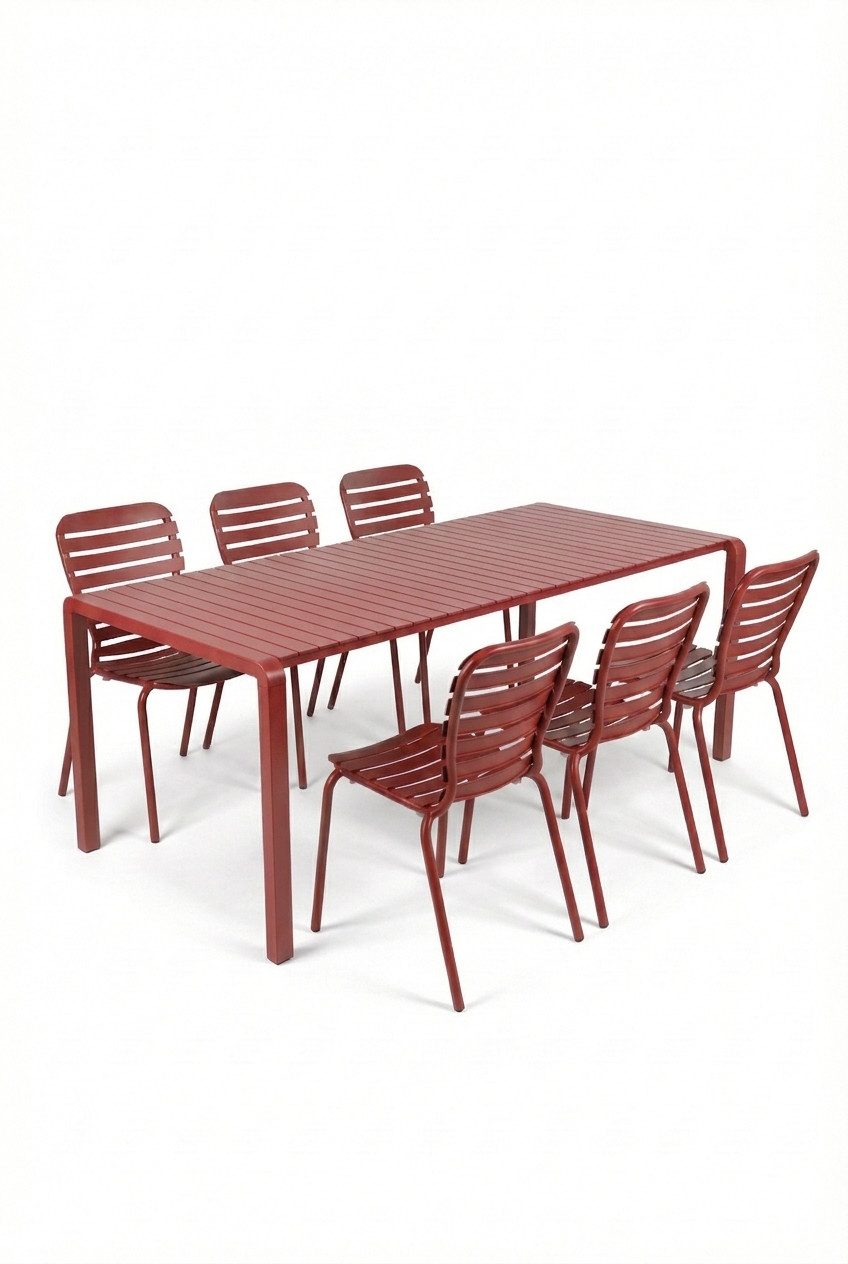 Zuiver Esstisch Gartenmöbel-Set Vondel: Esstisch mit 6 Stühlen aus Aluminium in Rot