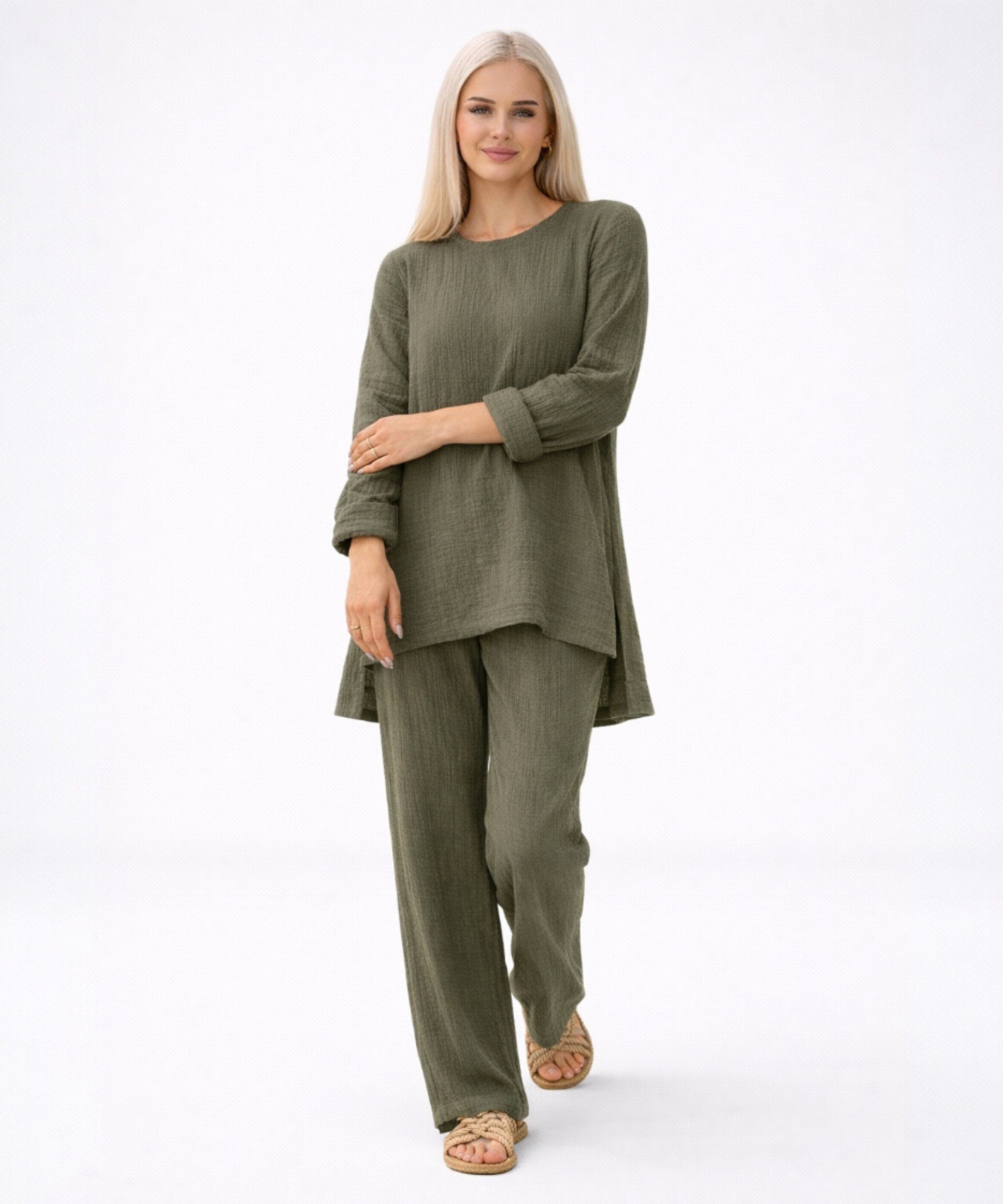 WENOR Hosenanzug Tunika Set aus Musselin 100 % Baumwolle Modest Fashion (Zweiteilig, 2-tlg., Tunika & Hose) Verlängertes Rückenteil, Zweiteiler mit Tunika und weiter Hose