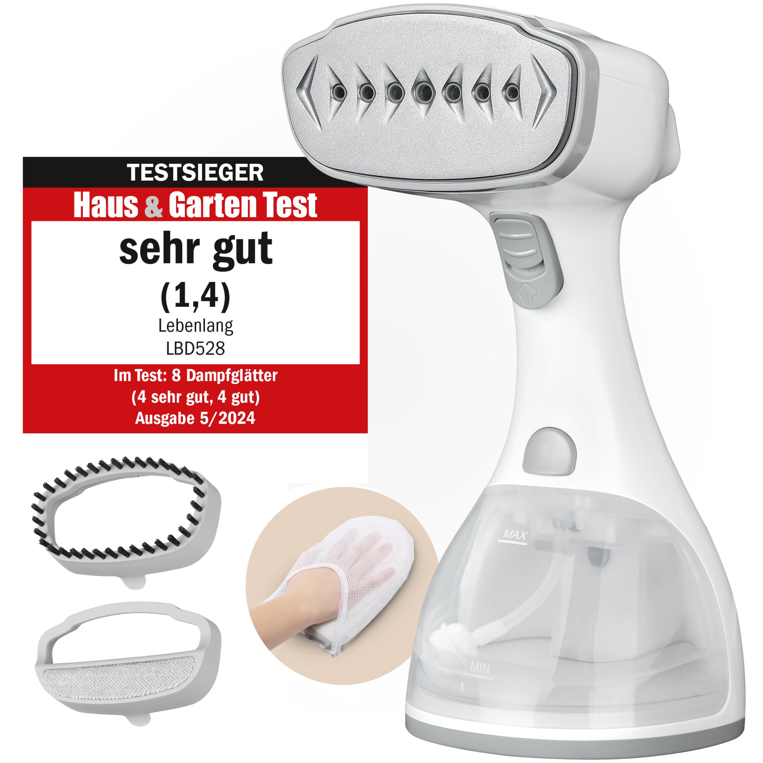 Lebenlang Dampfglätter Steamer Dampfbürste für Kleidung, 300ml Wassertank, 1500,00 W, Inkl. Bügelhandschuh, von Lebenlang