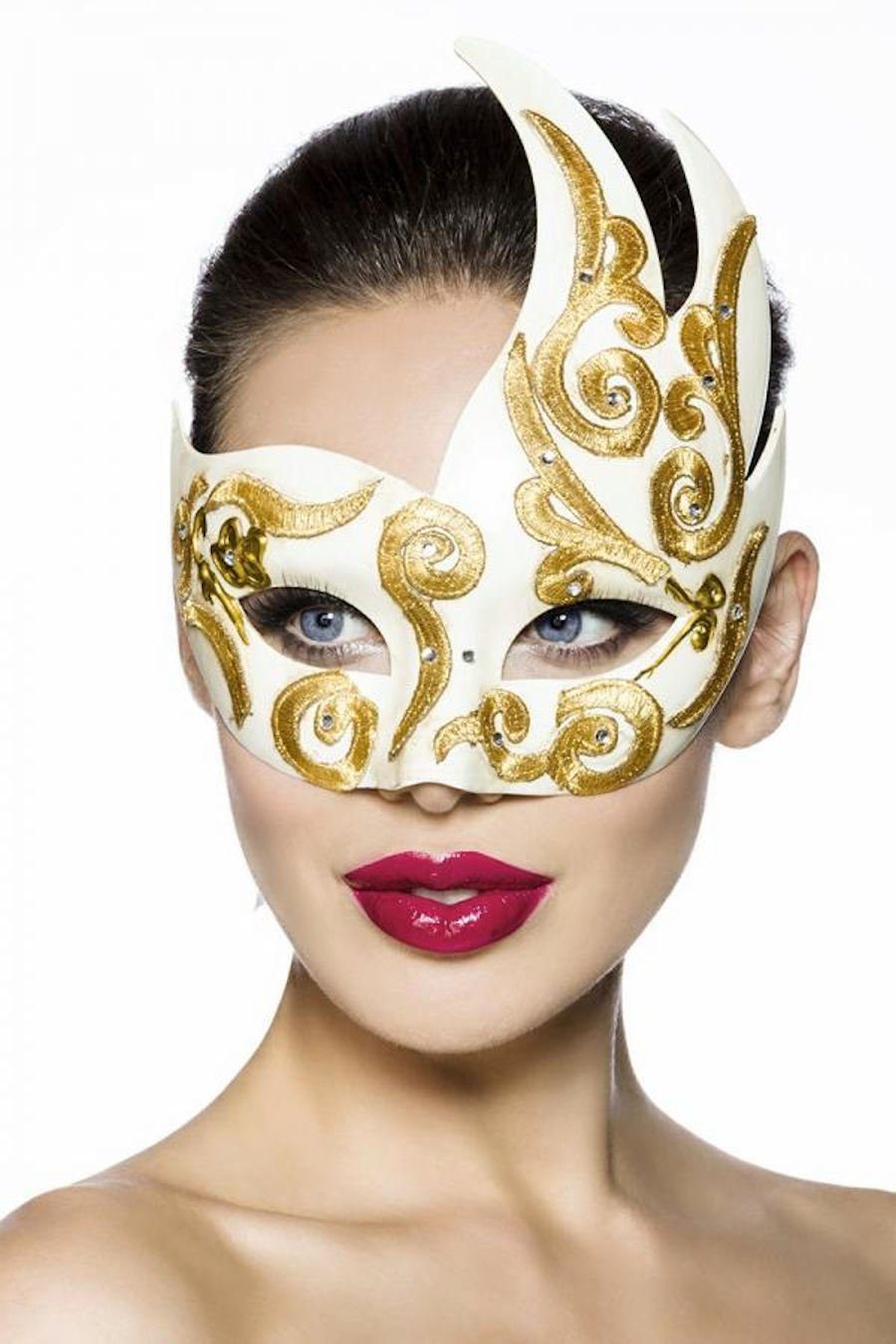 Atixo Verkleidungsmaske Venezianische Asymmetrische Maske Strasssteinen Karneval gold weiß