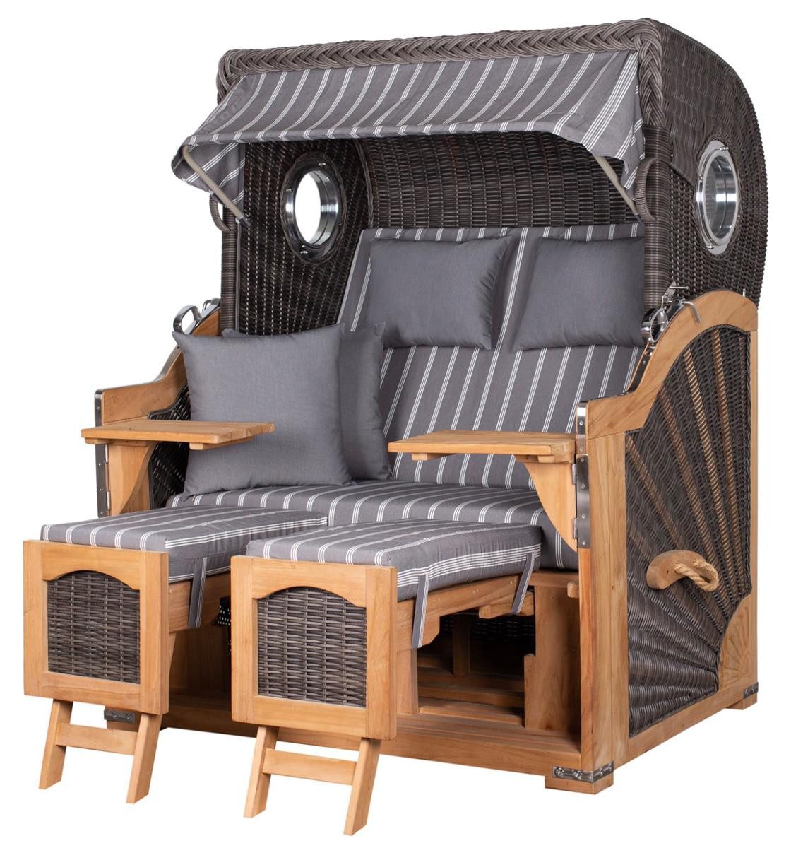 deVries PURE® Strandkorb Seemöwe XL - PE stone grey - Dessin 235, BxTxH: 140x95x160 cm, Halblieger, Ostsee-Strandkorb, Teakholz - Bullaugen - Kissenausstattung und Schutzhülle