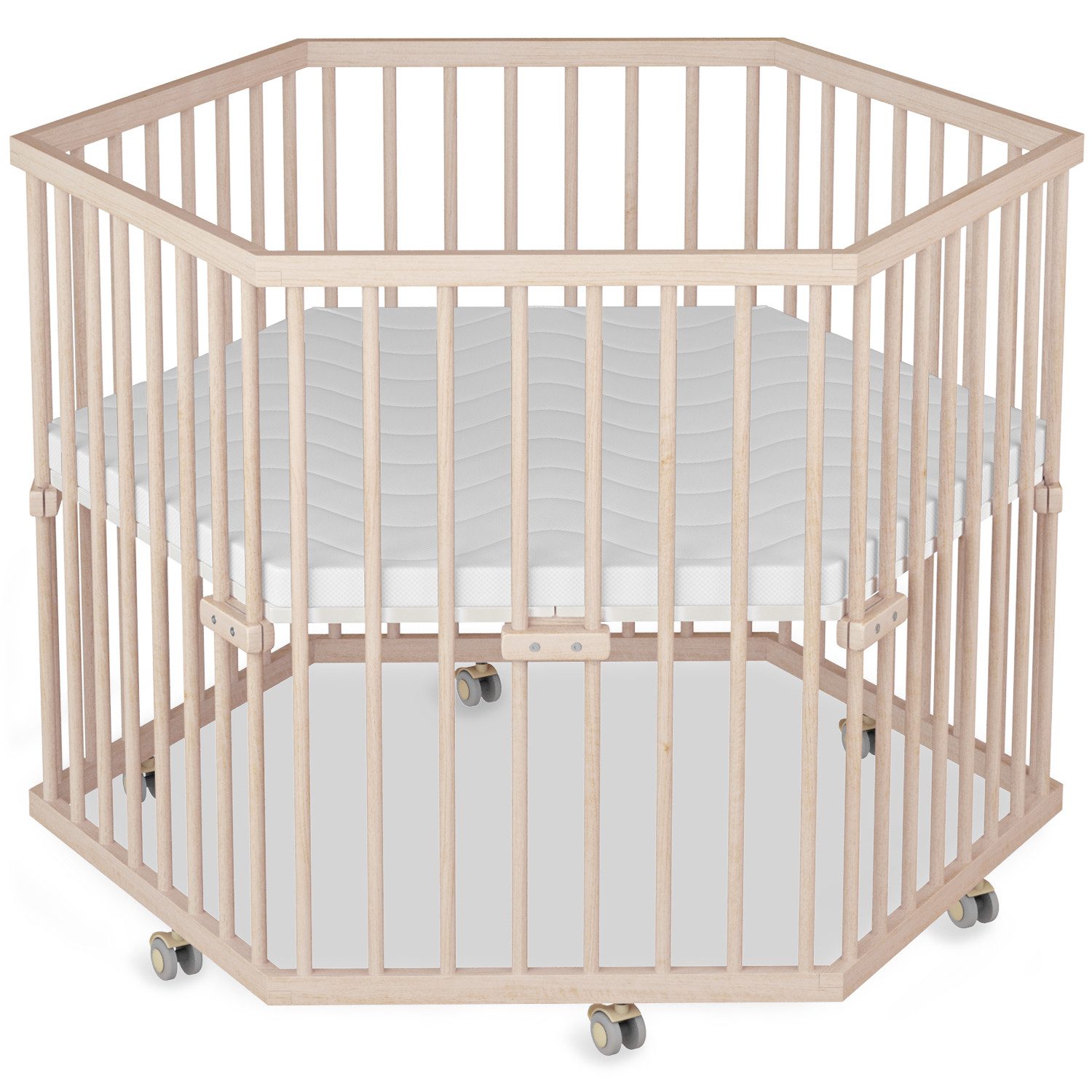 Sämann Babybett Laufgitter 6-eckig mit Matratze SleepPlus - natur