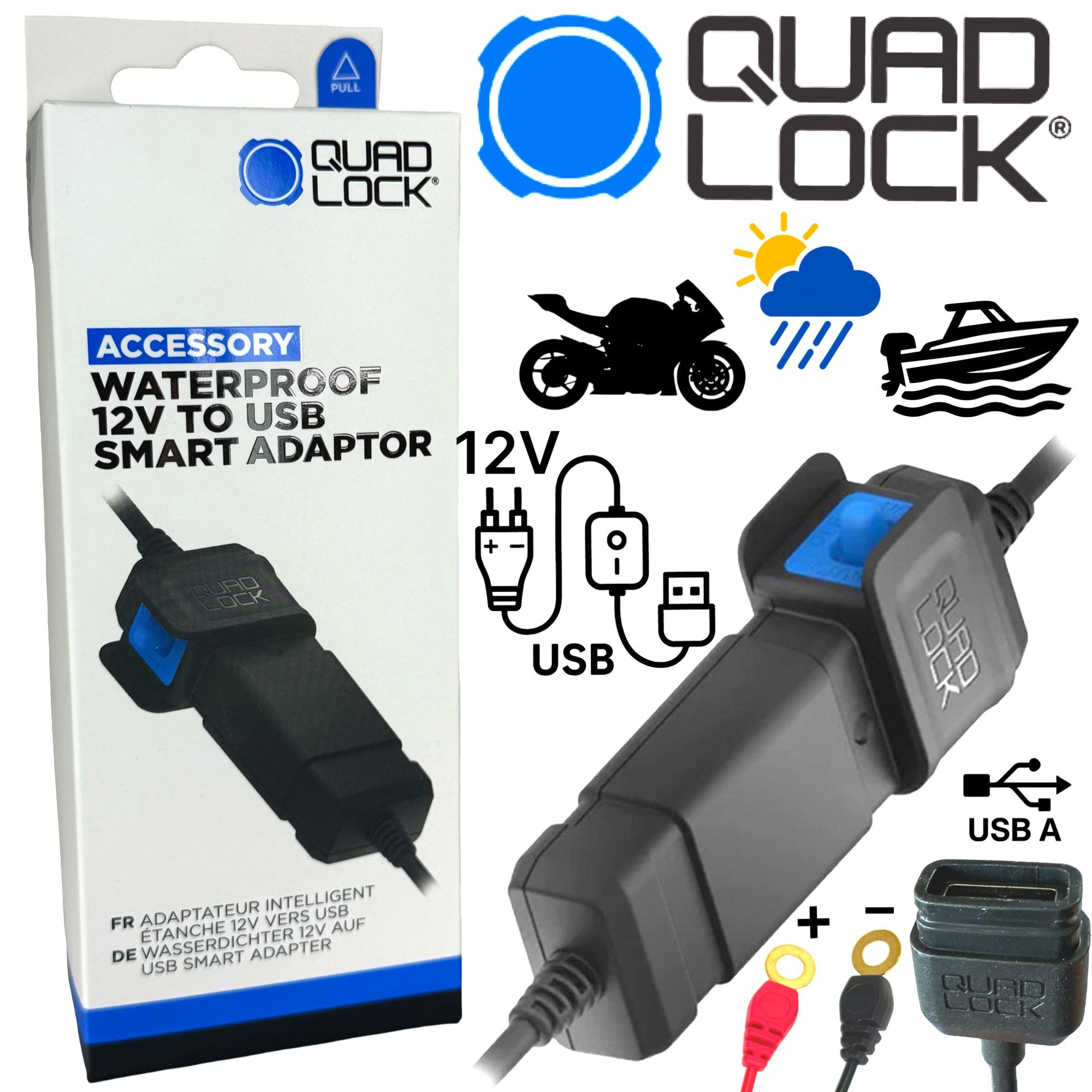 Quad Lock Handyhülle QUAD LOCK Wasserfest 12V zu USB Smart Adapter für Motorräder, Boote