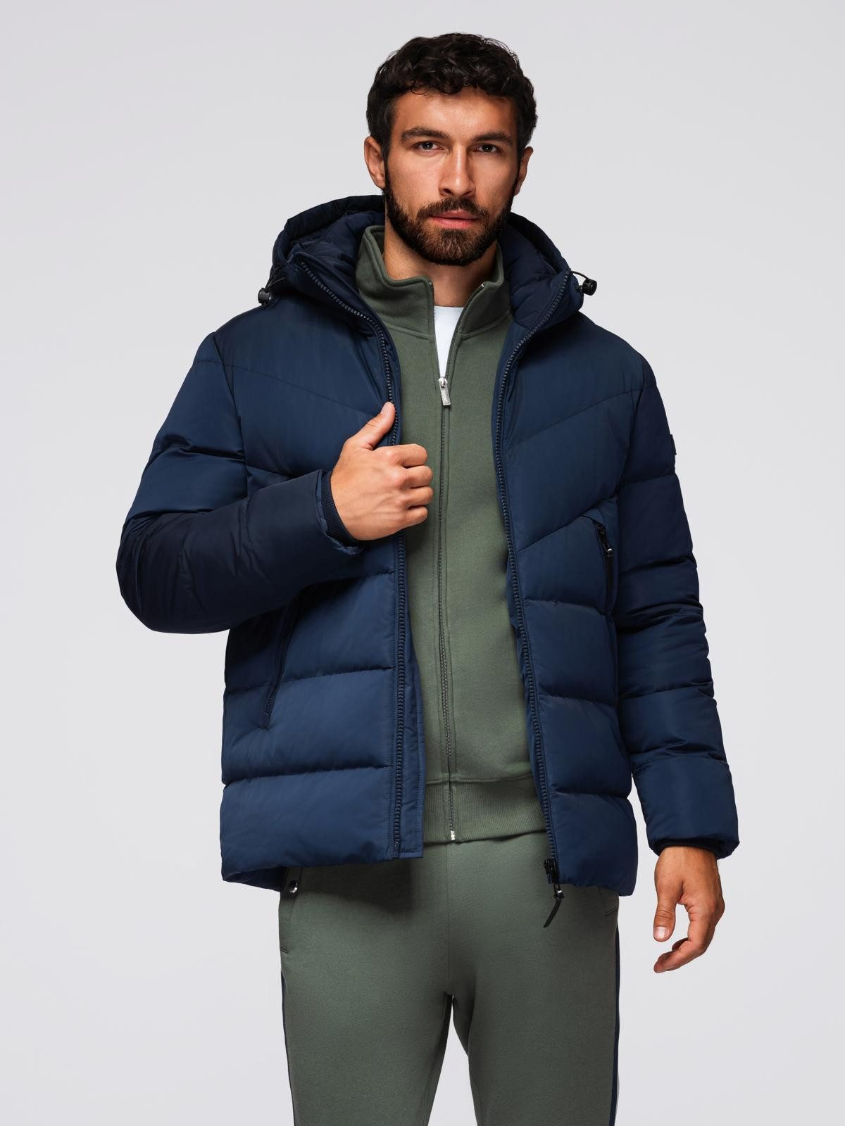 OMBRE Winterjacke Herrenjacke mit asymmetrischer Steppung und Kapuze – marineblau