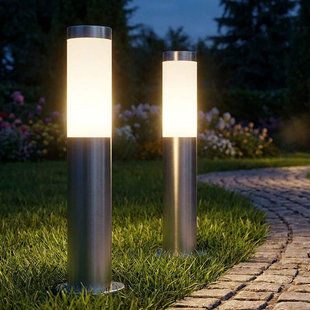 GLOBO LIGHTING Außen-Stehlampe, Leuchtmittel nicht inklusive, 2er Set Design Steh Edelstahl Lampe weiß Beleuchtung Sockel 1x E27
