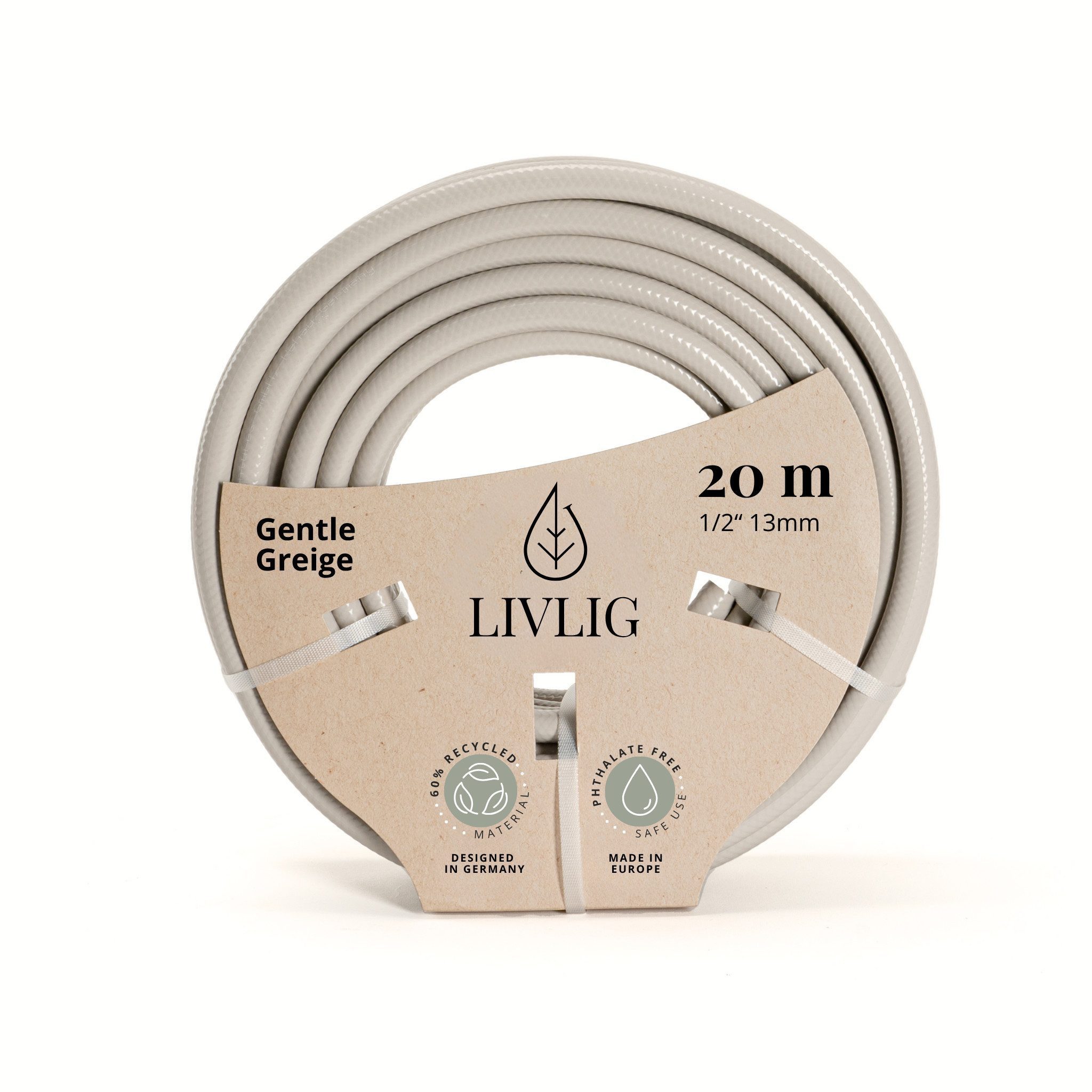 LIVLIG Gartenschlauch 1/2 Zoll, Schöner Gartenschlauch, Wasserschlauch 1/2 Zoll, Greige, Made in Europa, aus 60% recyceltem PVC