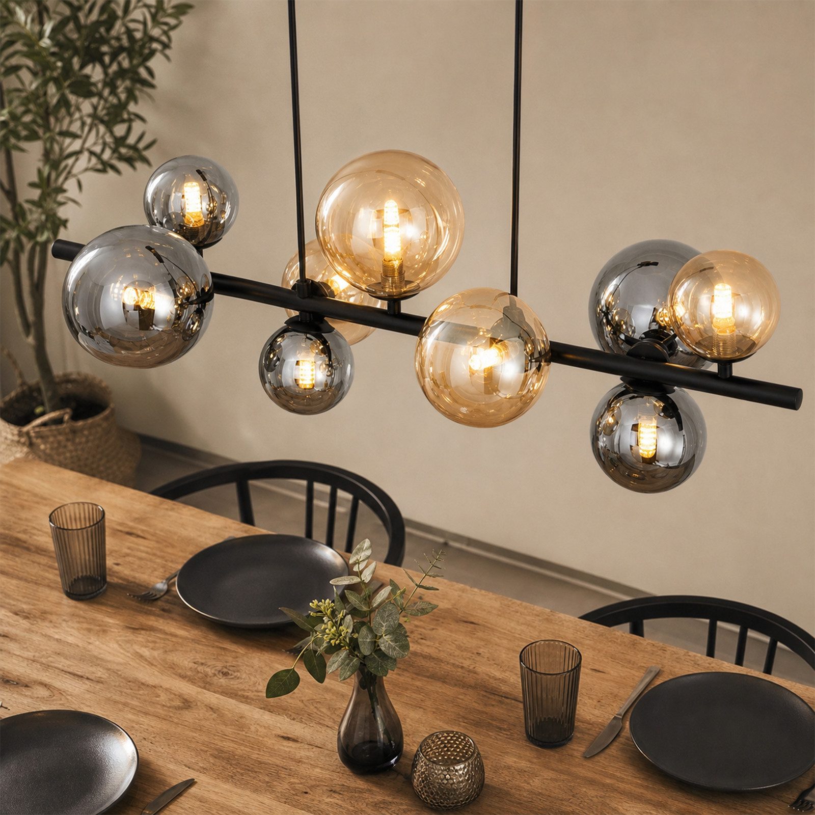 Nettlife Pendelleuchte Esstisch 10flammig Glas Schwarz Modern Hängelampe G9, ohne Leuchtmittel, für Esszimmer Wohnzimmer Schlafzimmer Kronleuchter