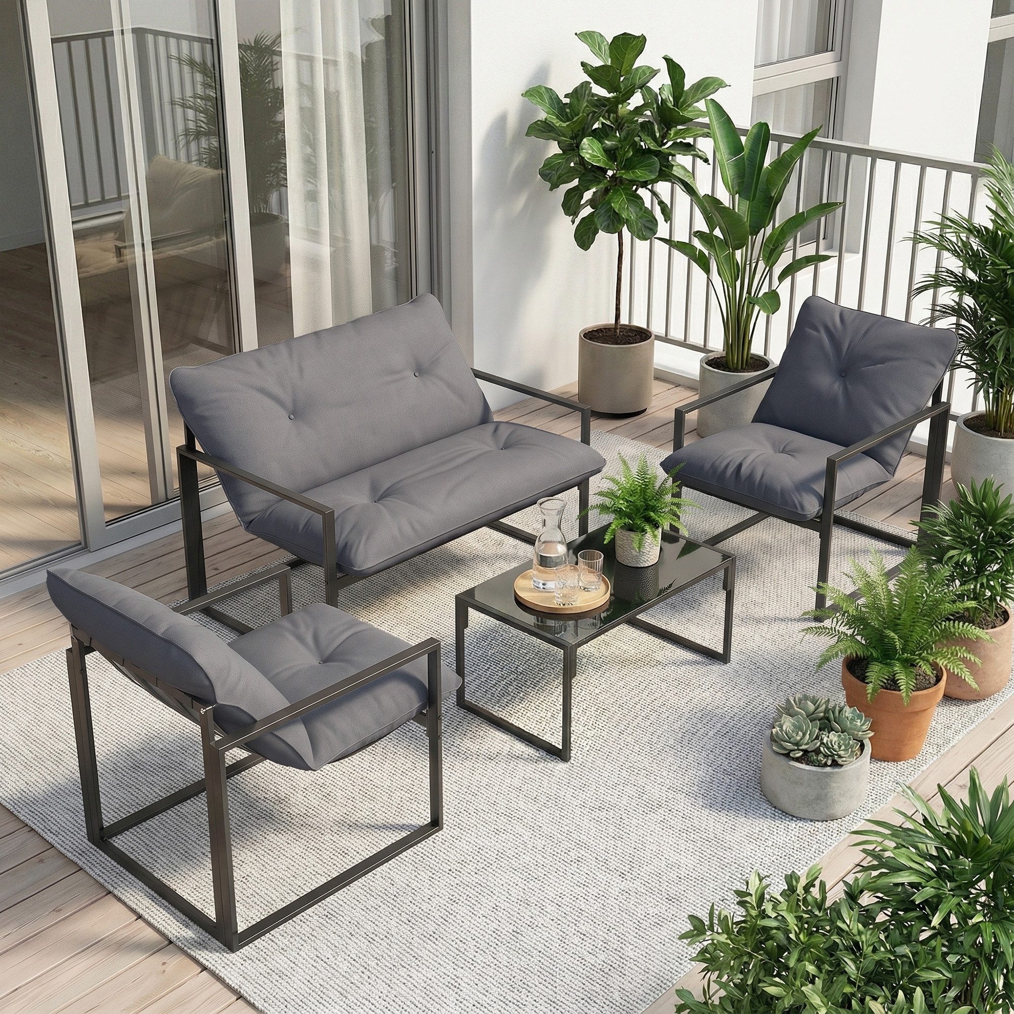 Outsunny Sitzgruppe Balkonmöbel-Set Terrassenmöbel mit 2er Sofa Glastisch wetterfest, (Dining Set, 4-tlg., Gartenmöbel-Set), mit Auflagen