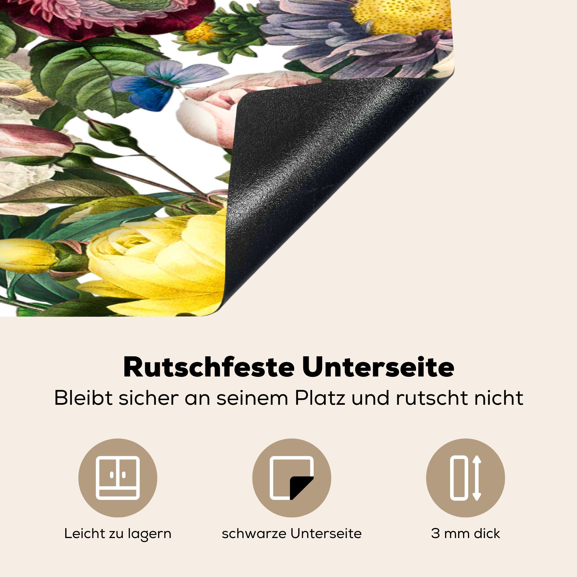 MuchoWow Herdblende-/Abdeckplatte Blumen - Gelb Weiß (1 cm, die für Induktionskochfeld 81x52 küche, - Rosa, Vinyl, - Schutz Ceranfeldabdeckung tlg)