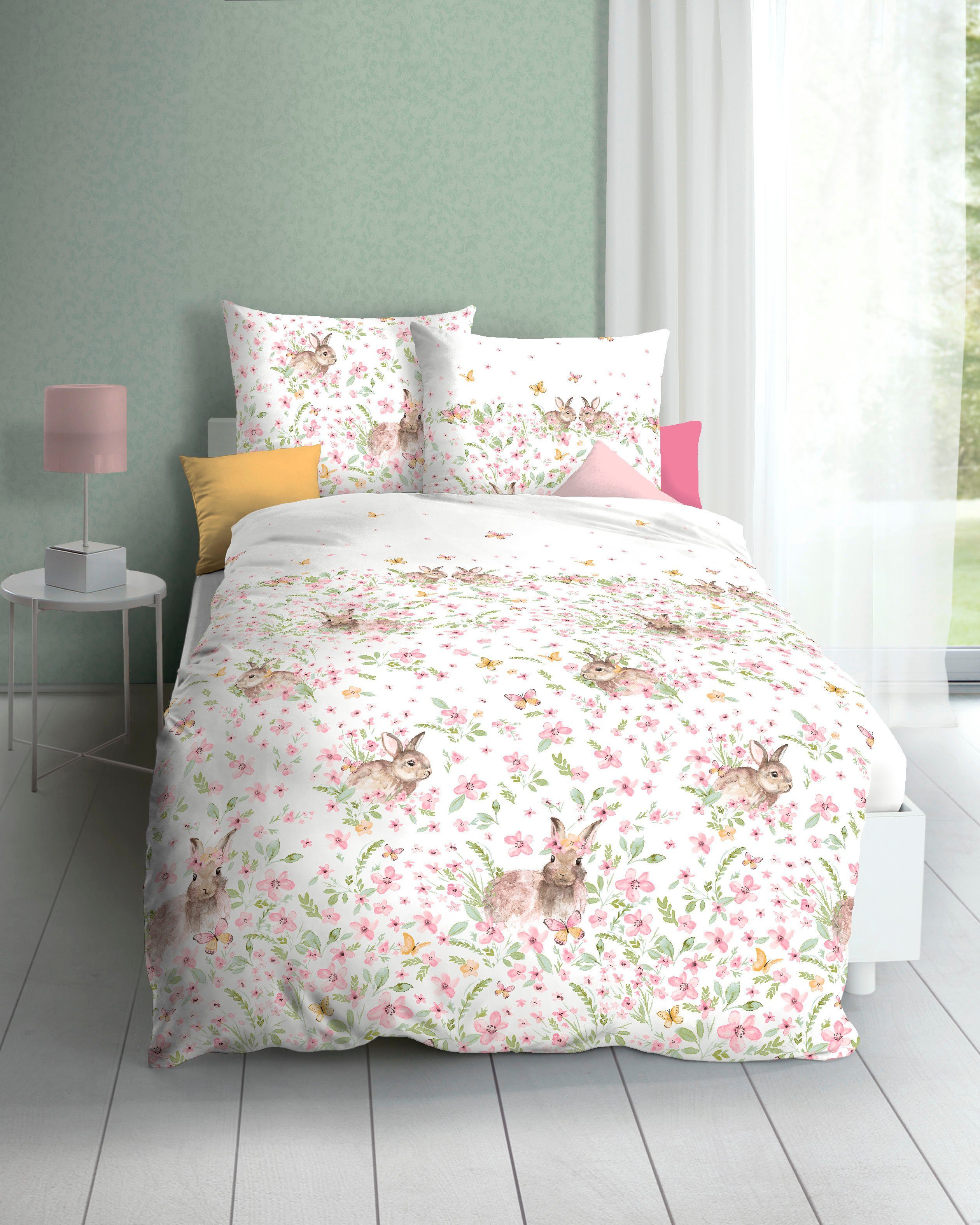 Kaeppel Постельное белье Häschen, Mako-Satin, 2 teilig, Blumenwiese mit Häschen