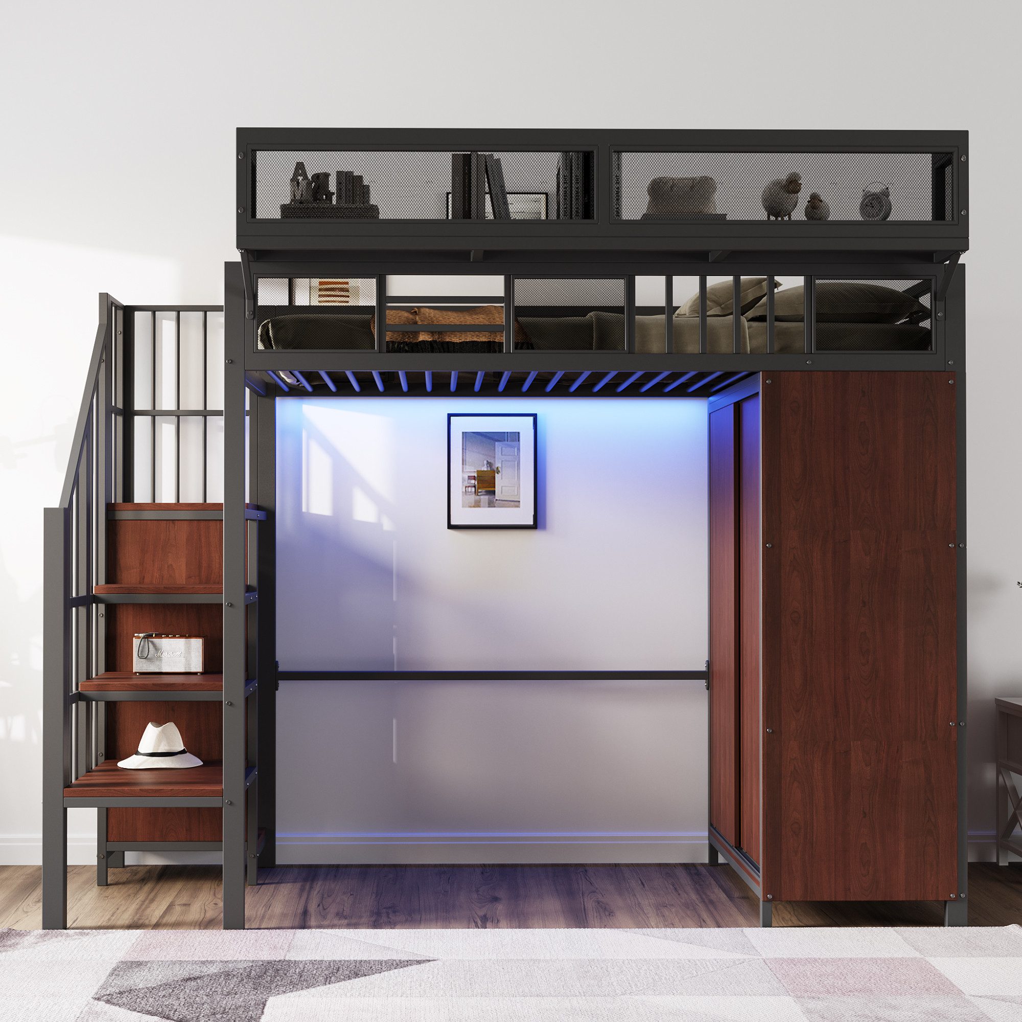 Merax Hochbett 90×200cm mit LED-Beleuchtung (Loftbett, 1-St., Jugendbett Einzelbett Mehrzweckbett) Metallbett Kinderbett mit Kleiderschrank, Stauraumtreppe & Ablagefach