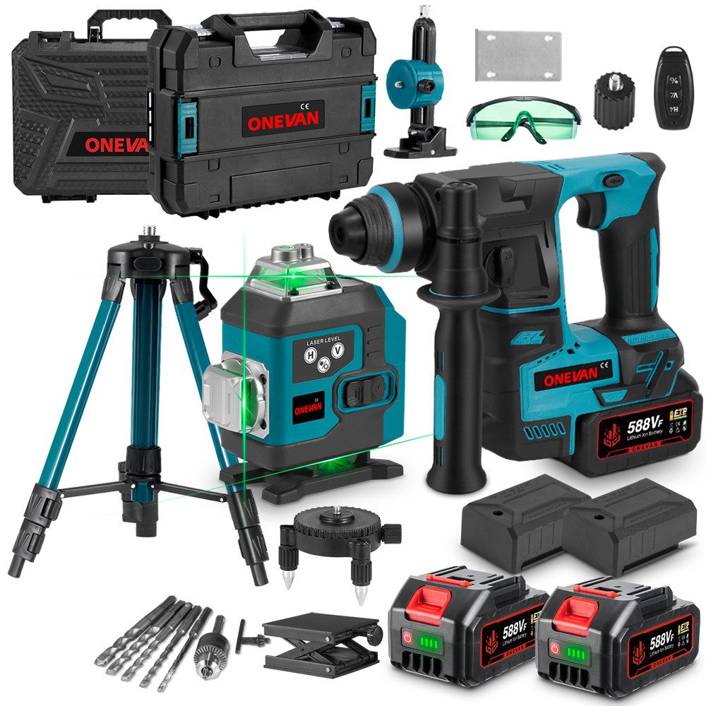 ONEVAN Laserwasserwaage Akku-Bohrhamme Set mit 4x Akku & Stativ(1M) Bürsten günstig online kaufen