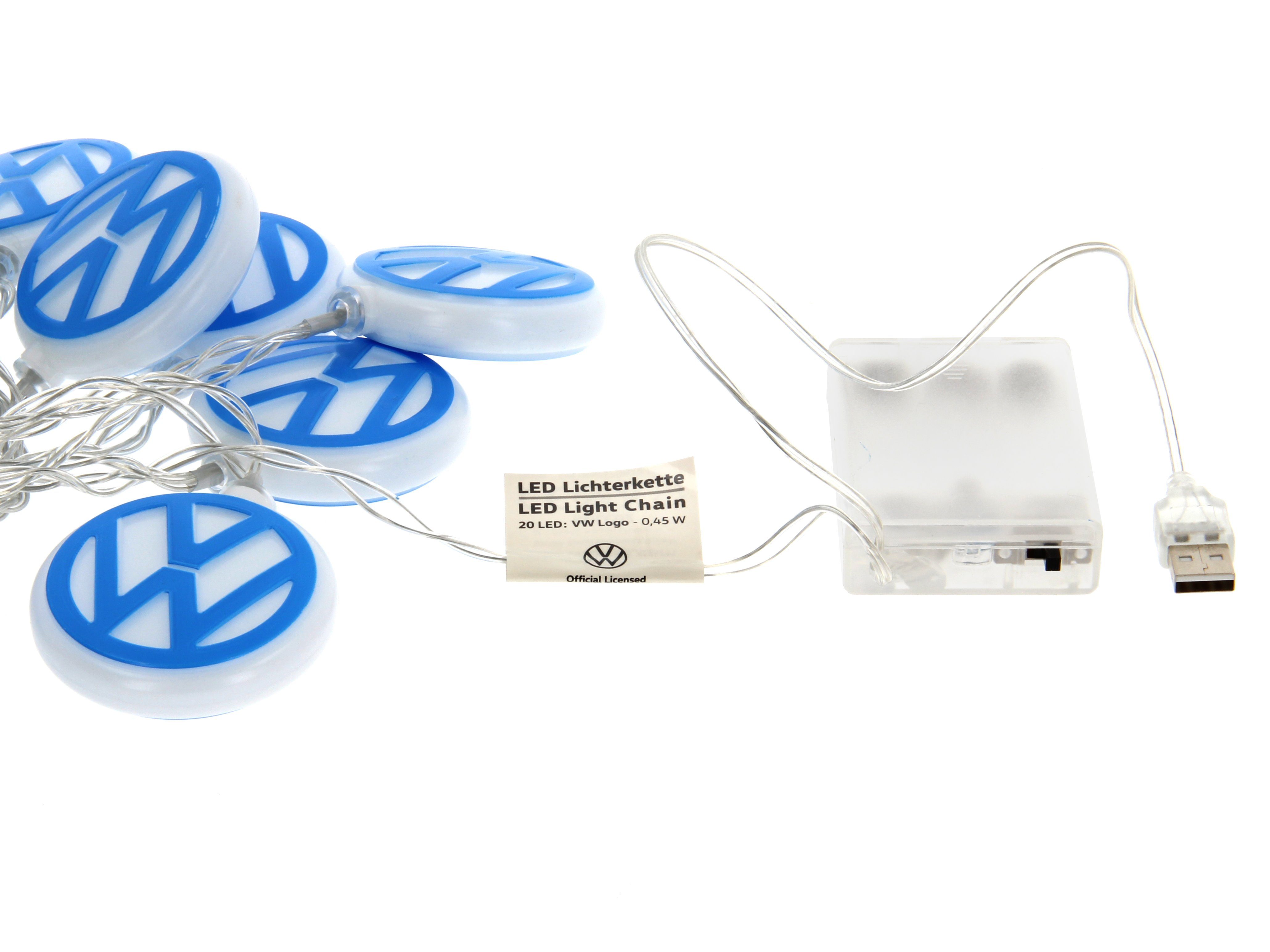 VW Collection by BRISA LED-Lichterkette Volkswagen Partybeleuchtung batteriebetrieben, 20-flammig, bunte Gartenbeleuchtung mit blau/weißen VW Logos